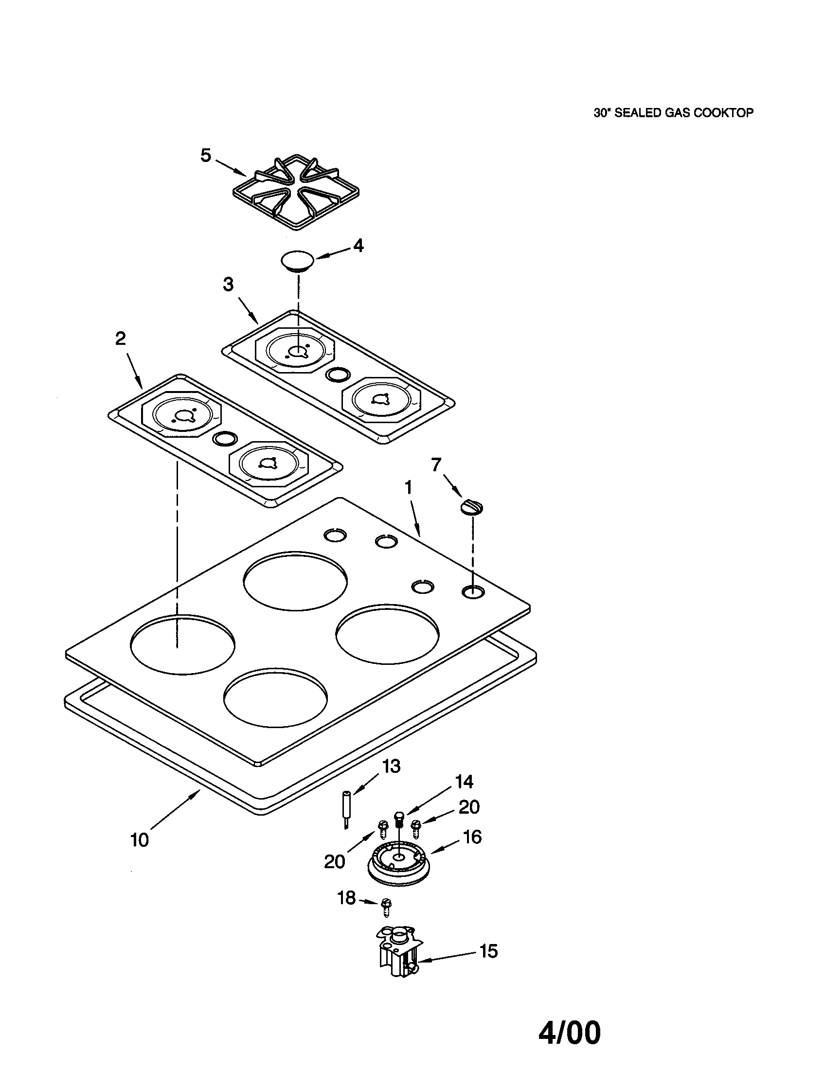 Whirlpool GLT3014GT1 cooktop, burner and grate diagram