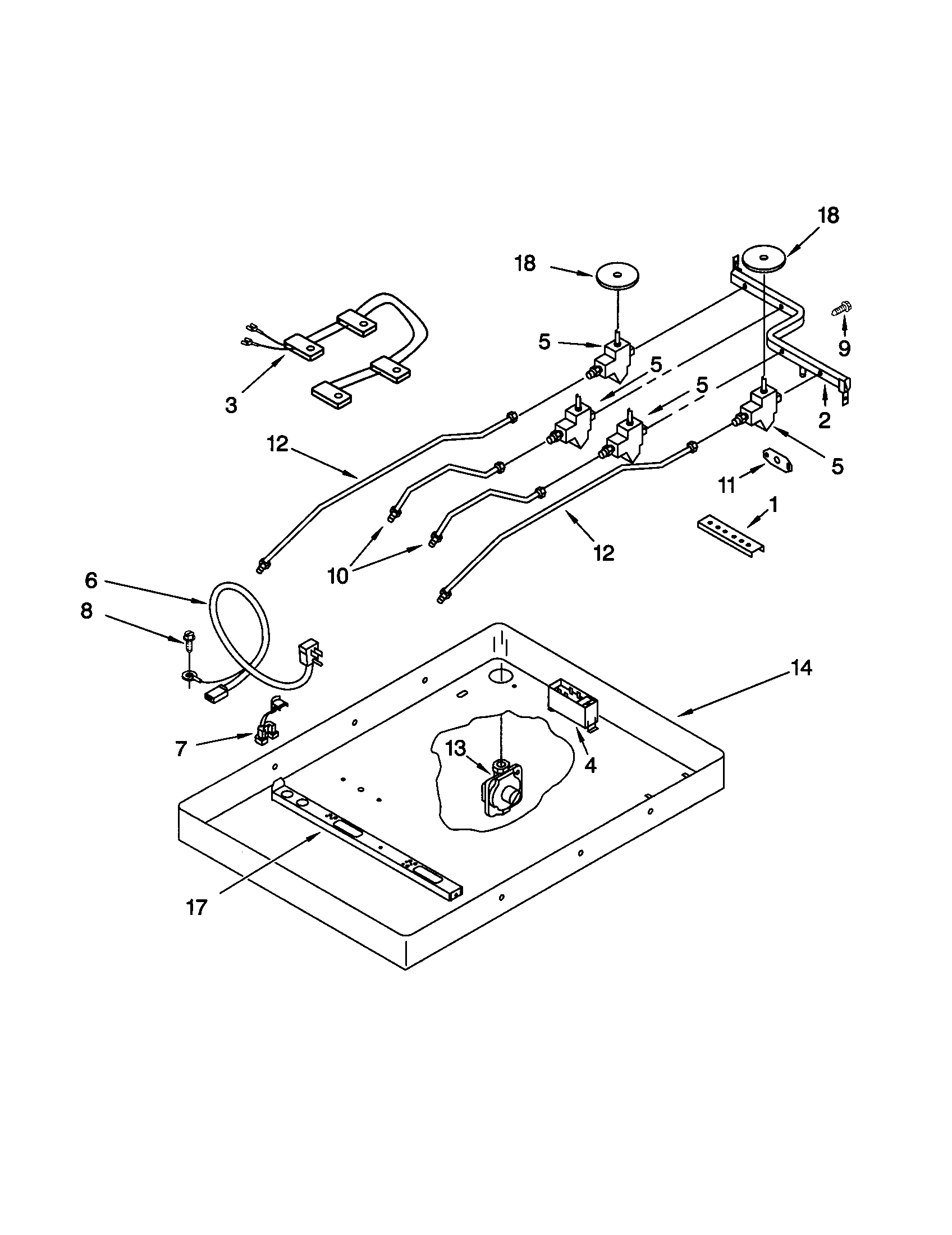 Whirlpool GLT3014GT1 burner box, gas valves and switches diagram