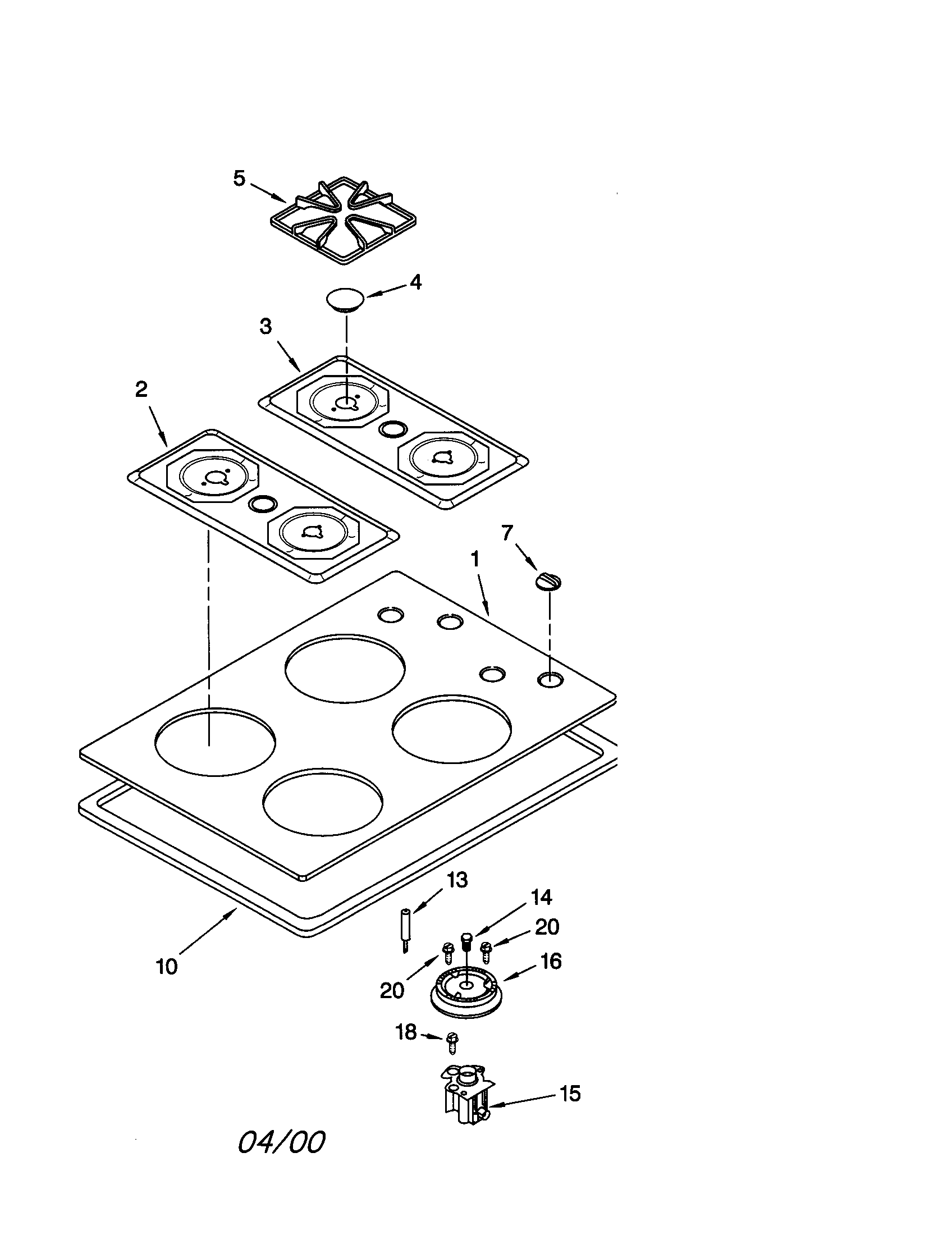 Whirlpool GLT3614GQ0 cooktop, burner and grate diagram