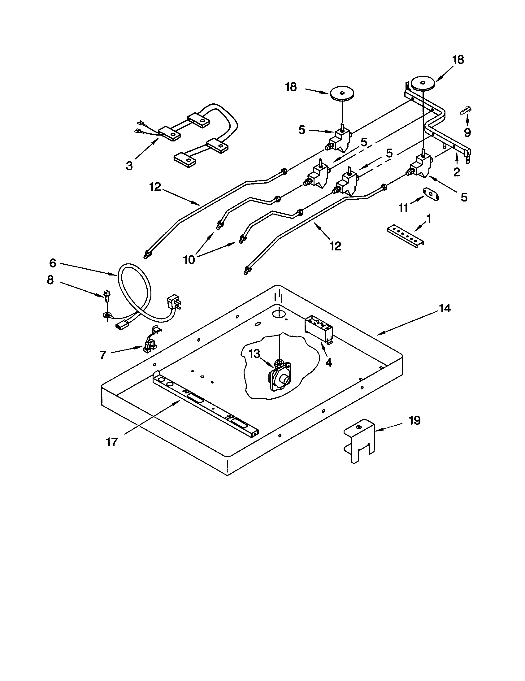 Whirlpool GLT3614GQ0 burner box/gas valves/switches diagram