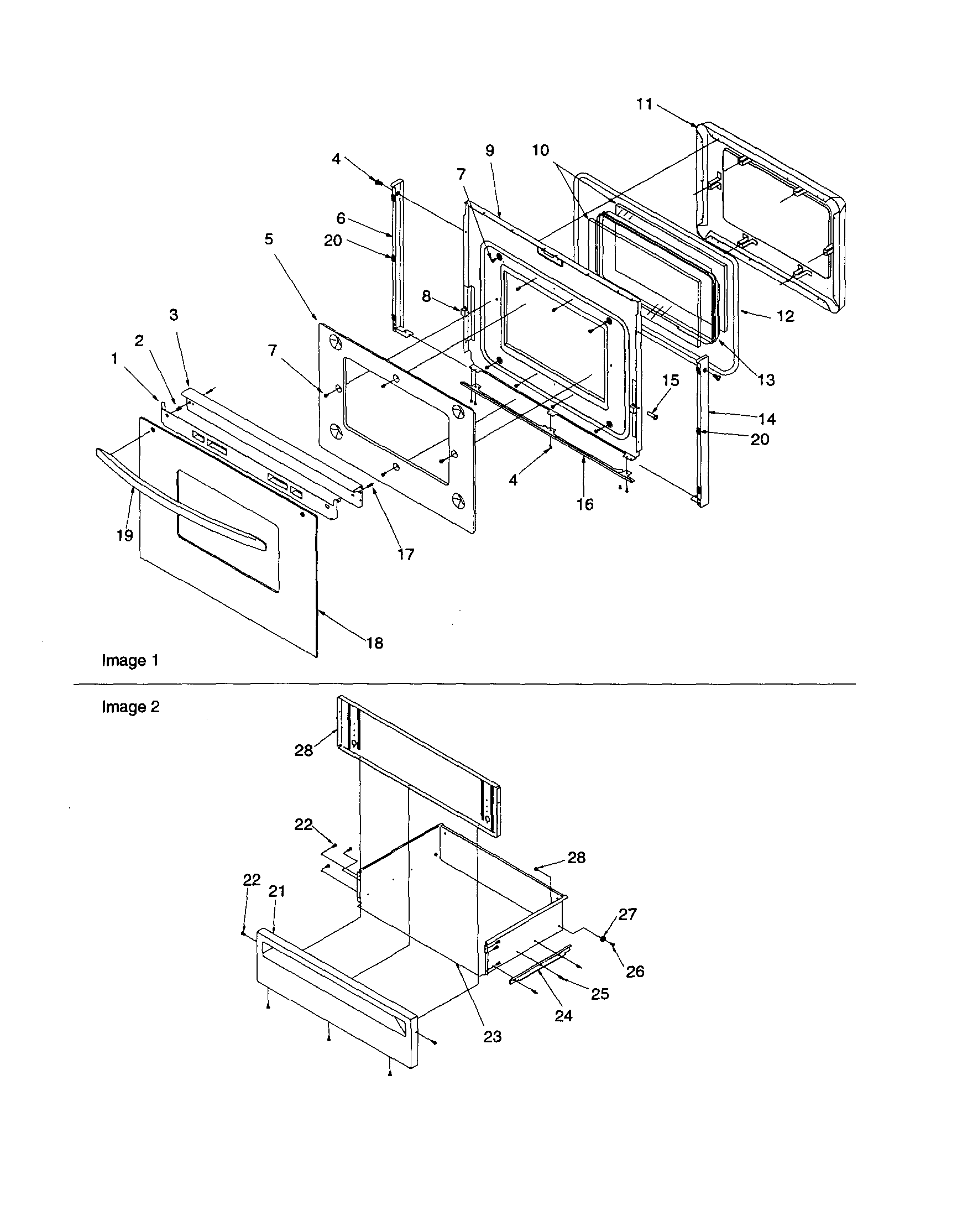 Caloric CSG7601WW/P1143398NWW oven door and storage door diagram