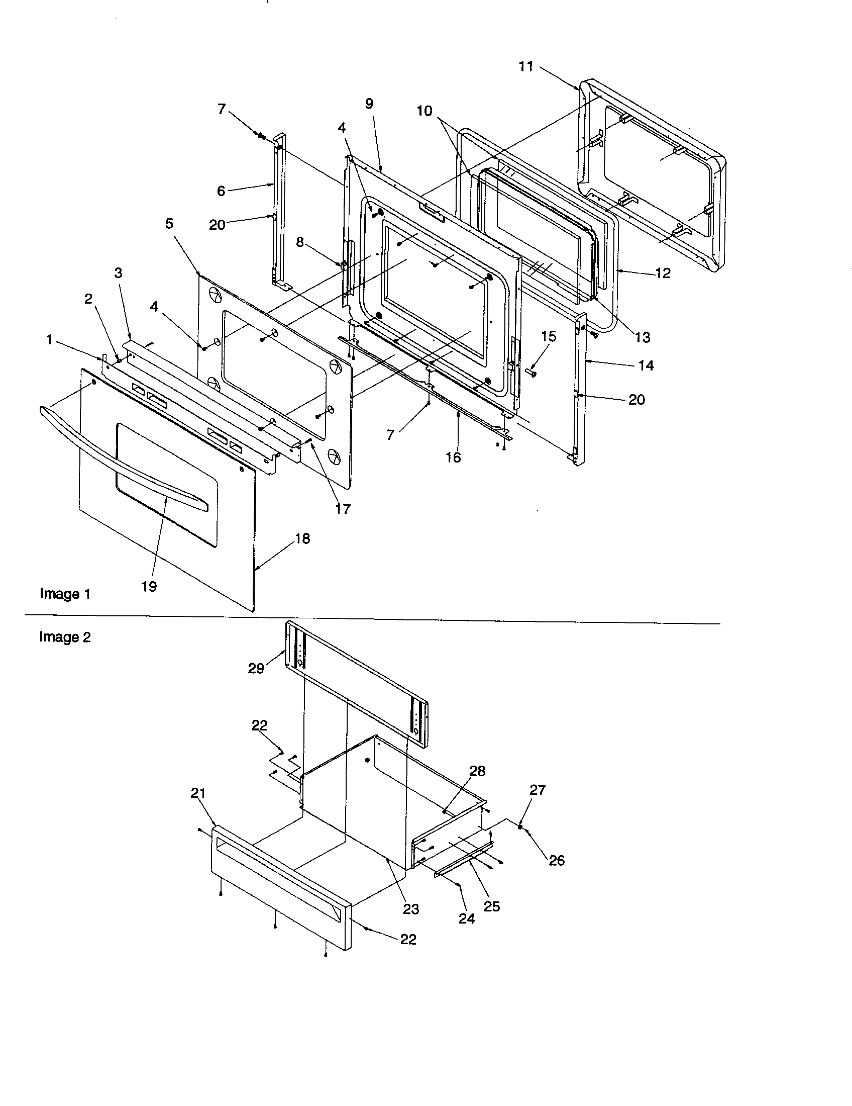 Amana ARTS6650WW/P1143906NWW oven door and storage drawer diagram