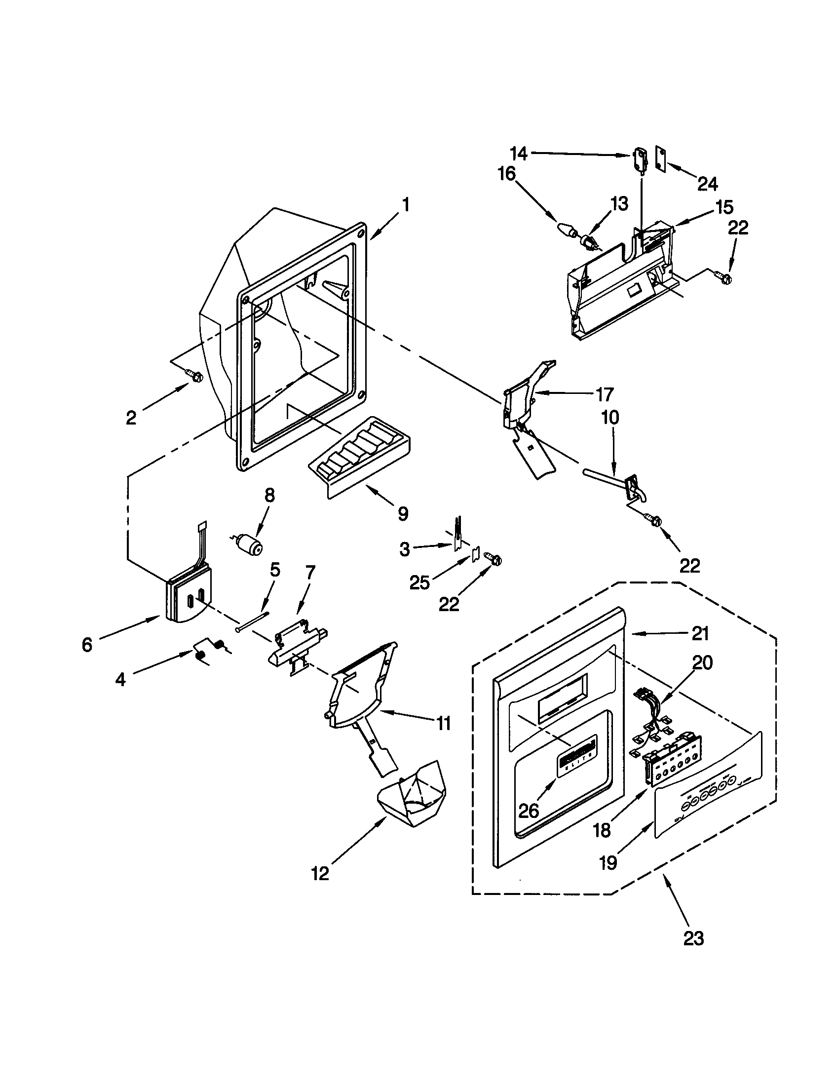 Kenmore Elite 10650203990 dispenser front diagram