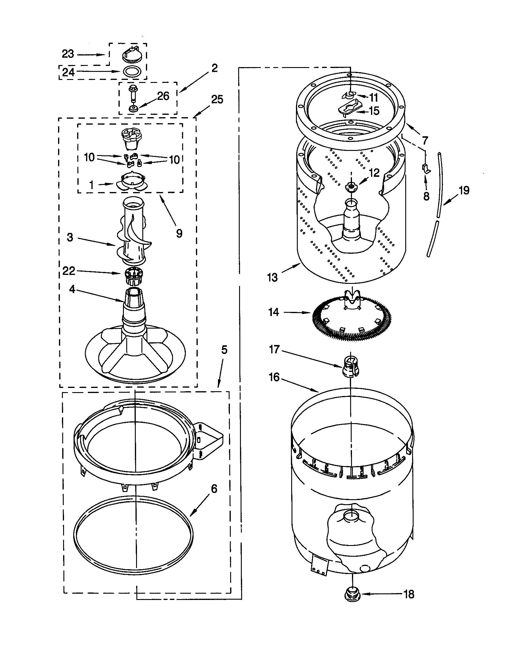 Whirlpool LXR9445JQ0 agitator, basket and tub diagram