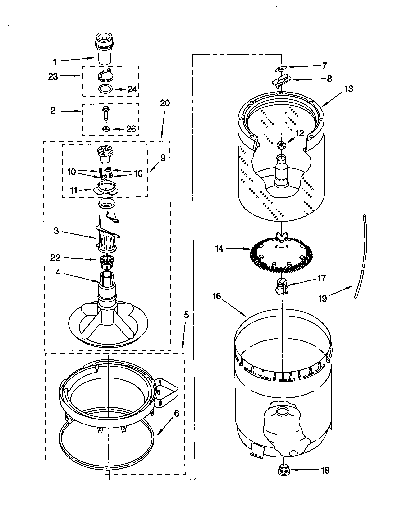 Whirlpool LSQ9600JQ0 agitator, basket and tub diagram