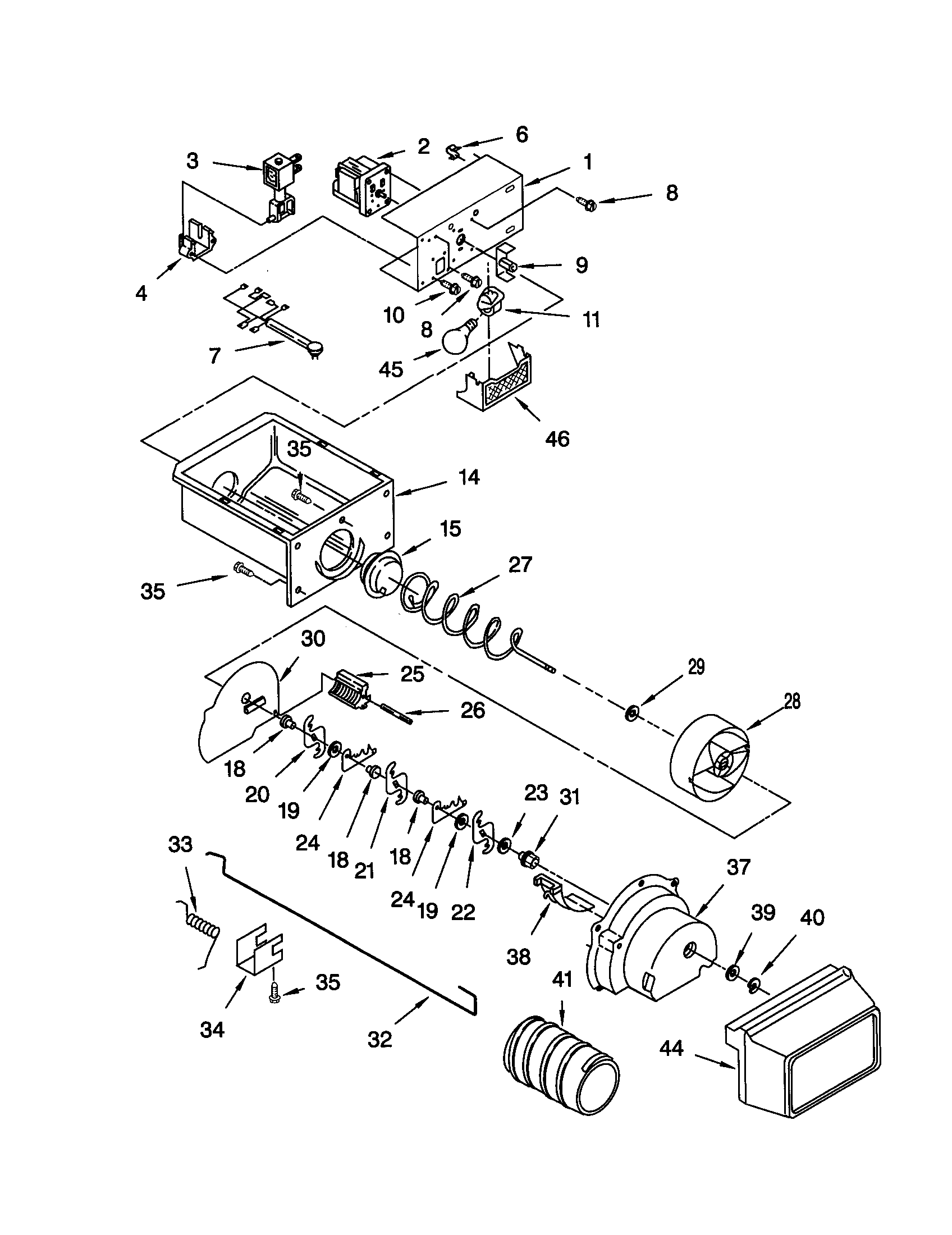 Whirlpool ED25QFXHW00 motor and ice container diagram