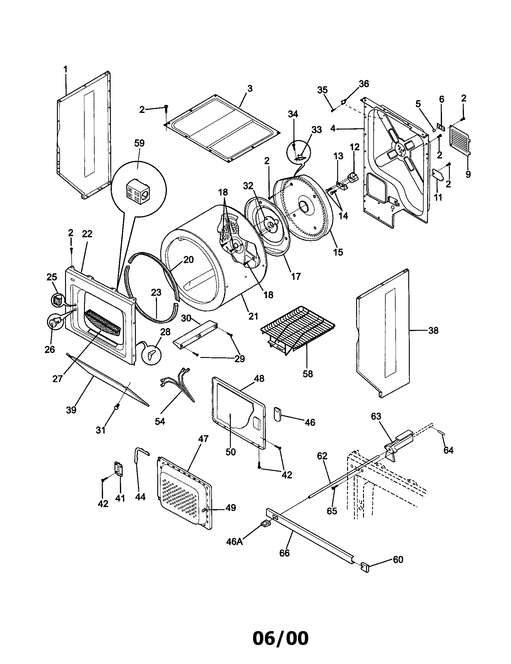 Sears Canada 970-C90802-00 upper cabinet/drum/heater diagram