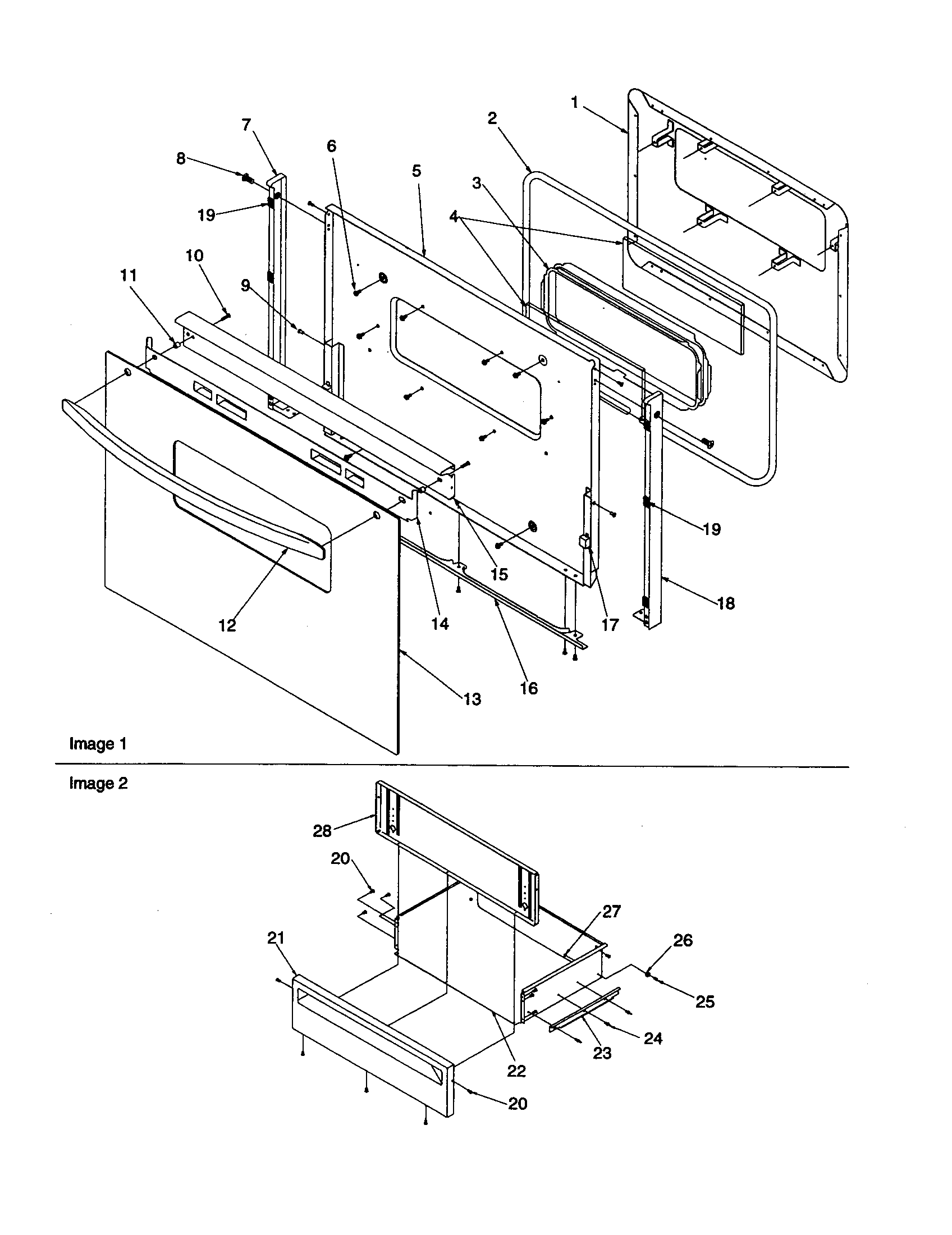 Amana ARG7302CC-P1143391NCC oven door and storage door diagram