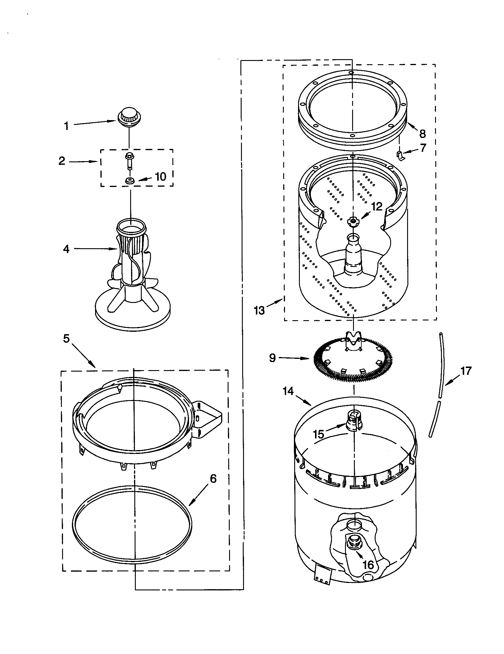 Whirlpool LBR5432JT0 agitator, basket and tub diagram