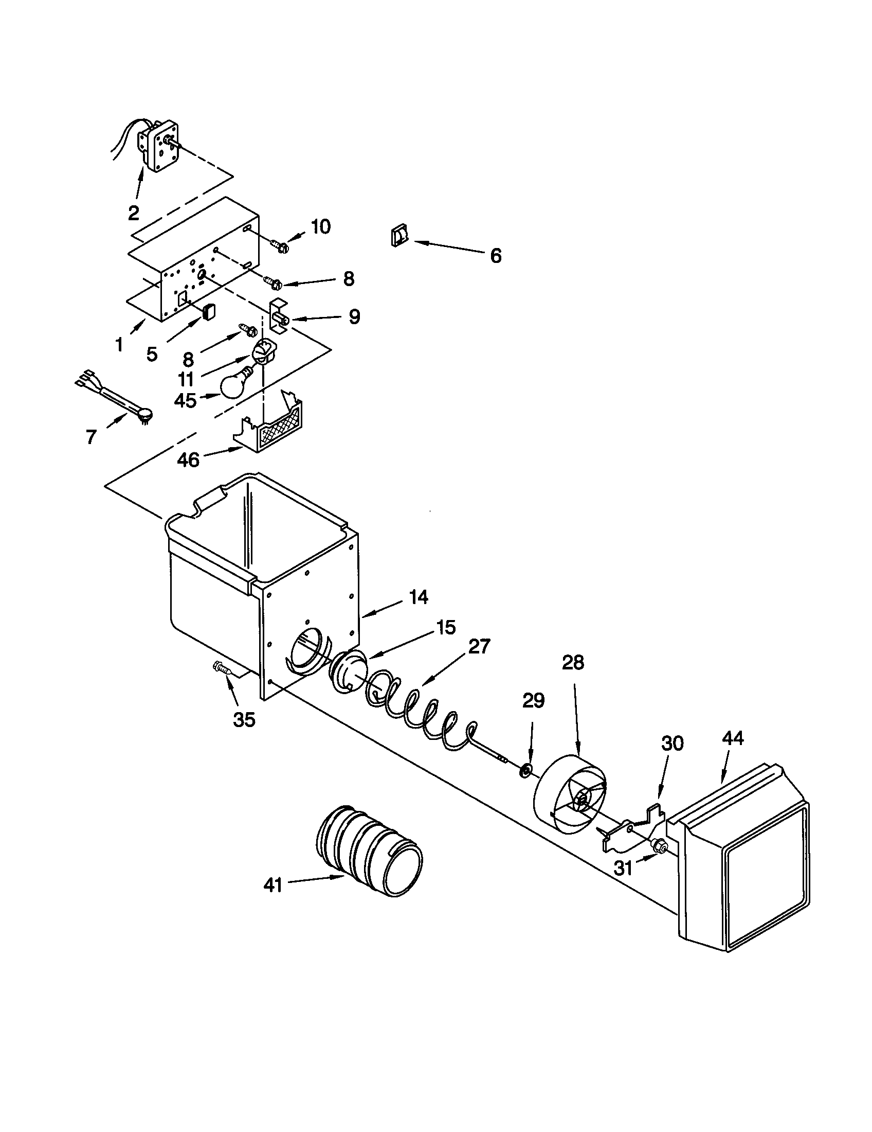 Whirlpool ED25GWXFW00 motor and ice container diagram