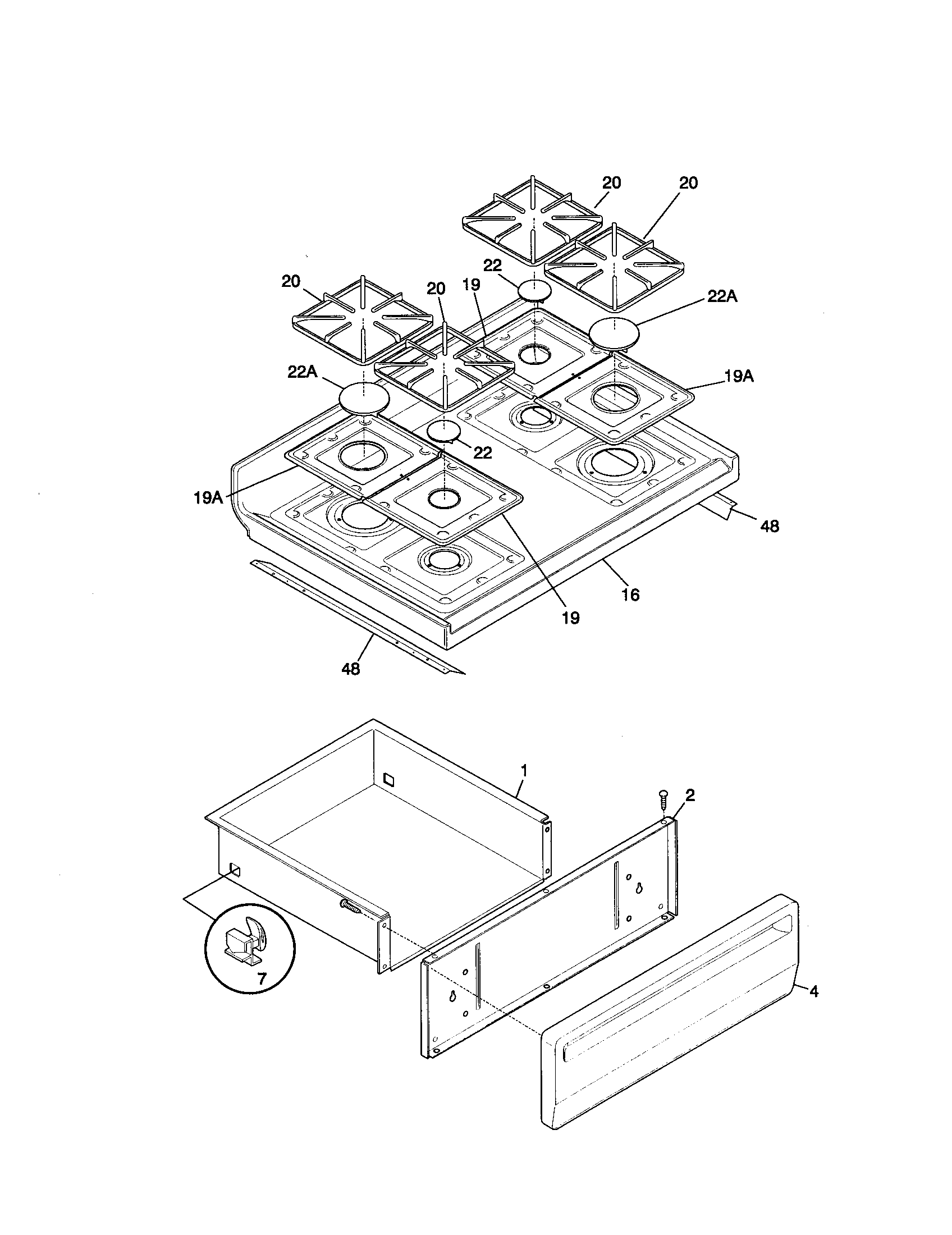 Tappan TGF375BHBC top/drawer diagram
