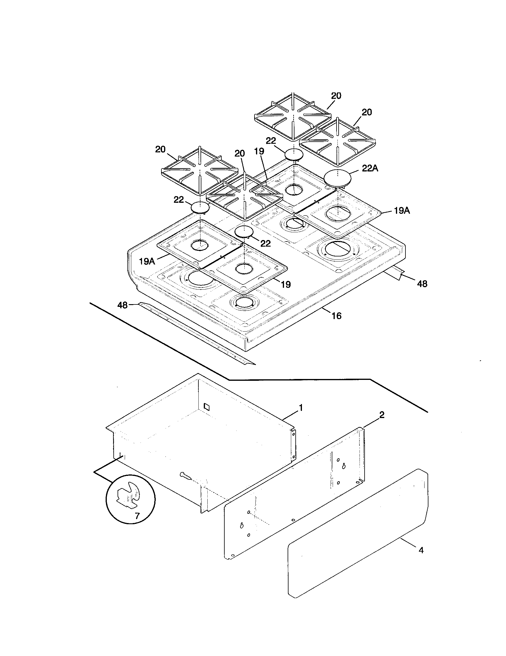 Tappan TGF365CHTC top/drawer diagram
