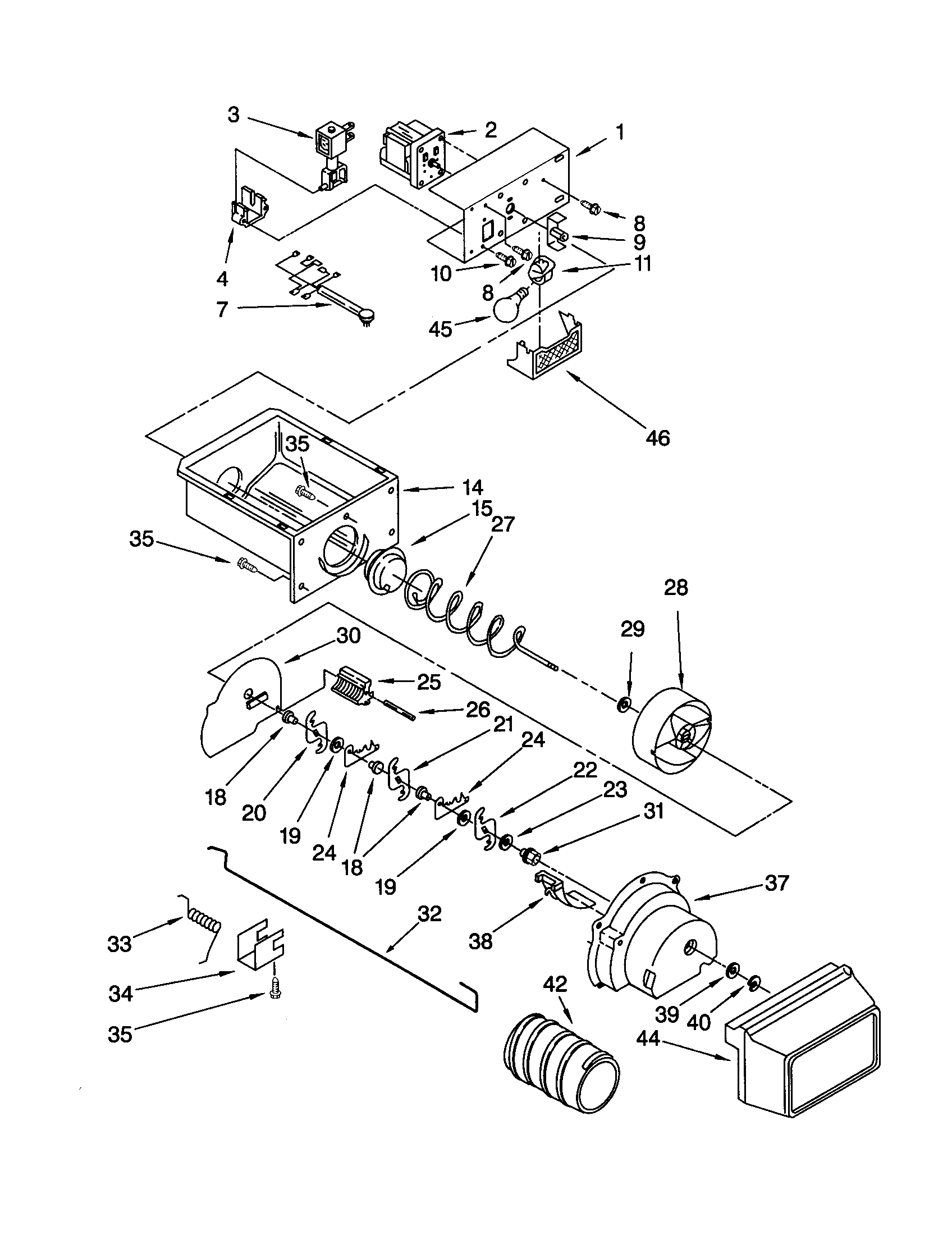 KitchenAid KSRE25FHBT01 motor and ice container diagram
