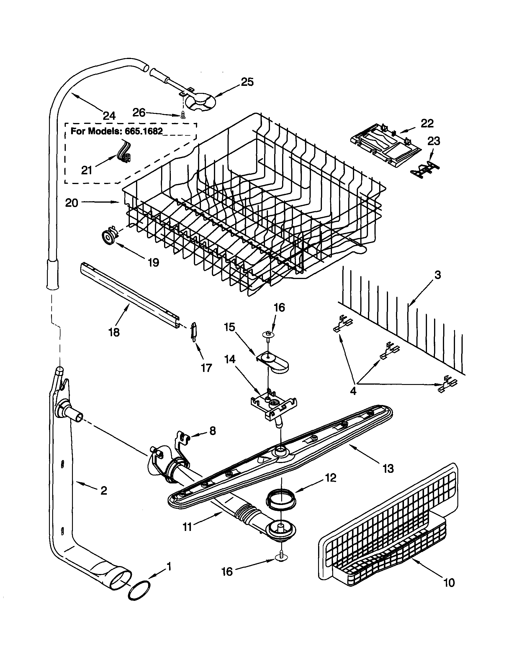 Kenmore 66515829000 upper dishrack and water feed diagram