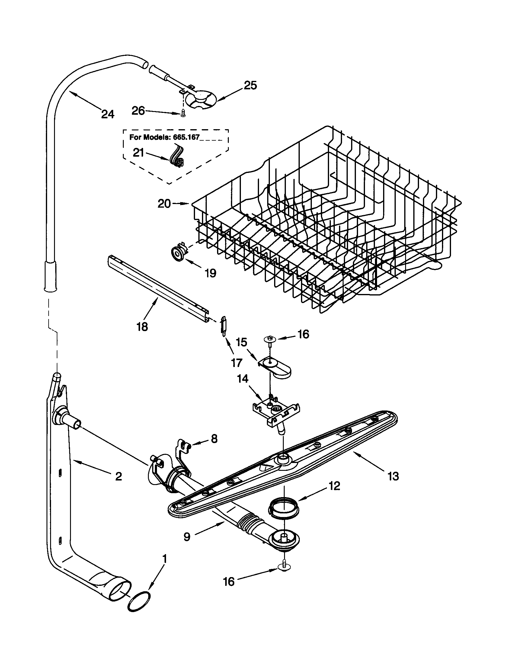 Kenmore 66516634000 upper dishrack and water feed diagram