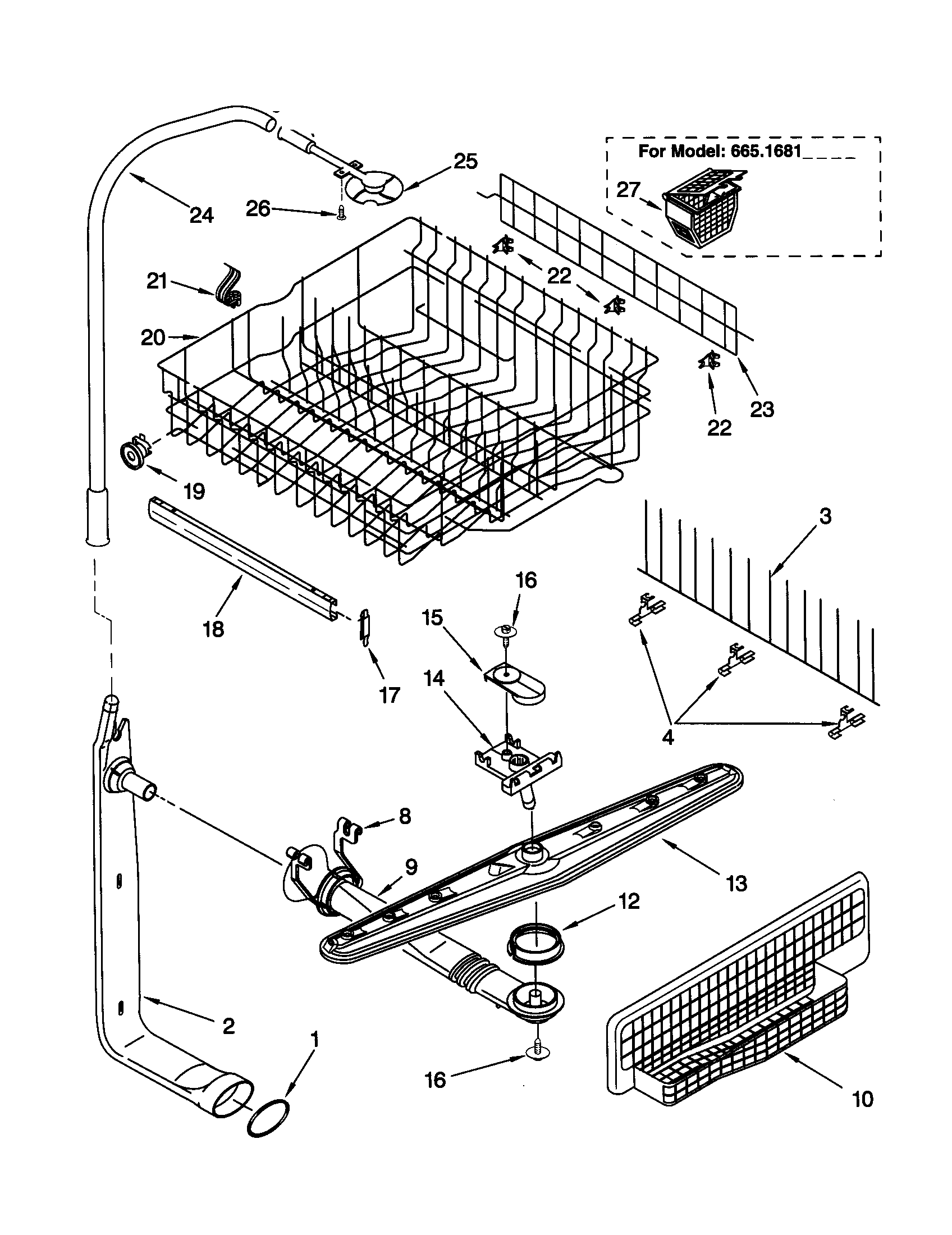 Kenmore 66515819992 upper dishrack and water feed diagram