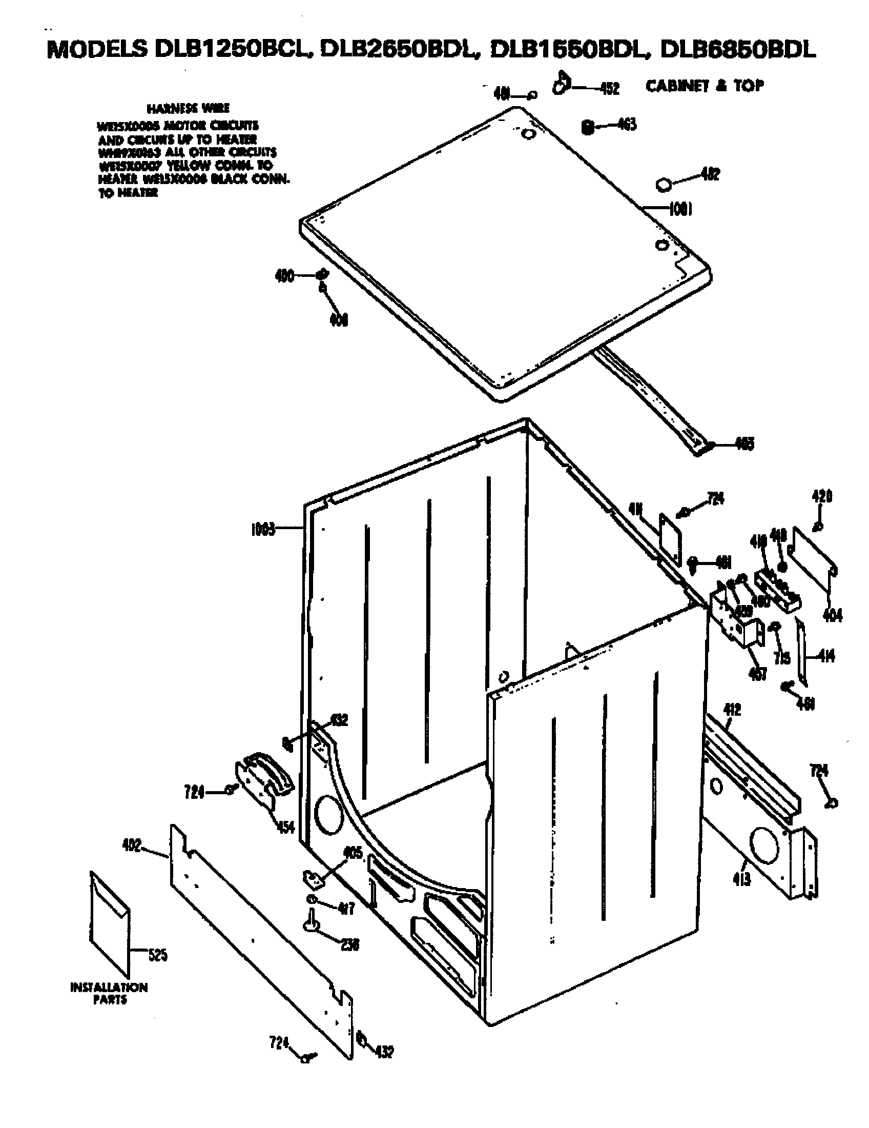 Hotpoint DLB1250BCL cabinet and top diagram