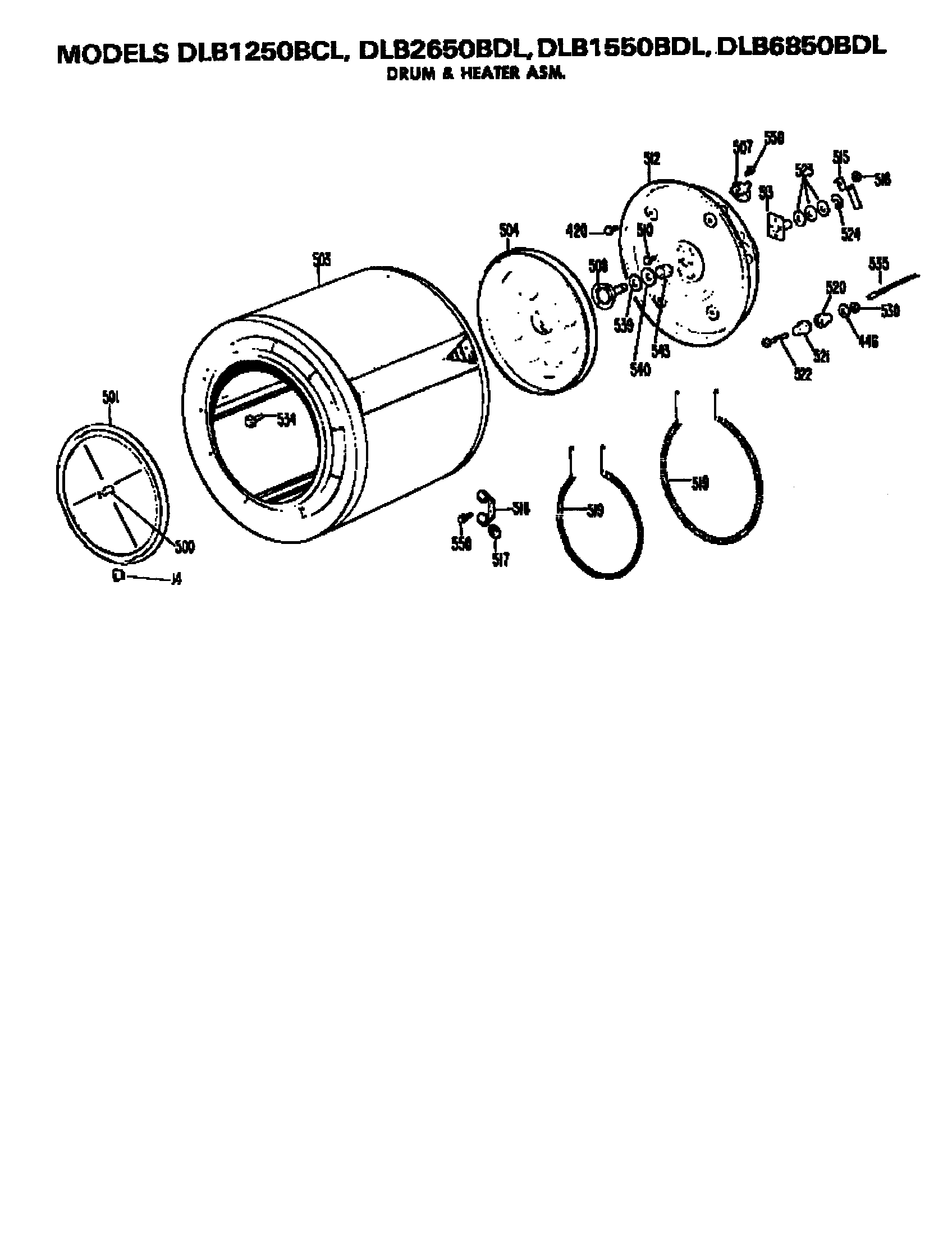 Hotpoint DLB1250BCL drum and heater assembly diagram
