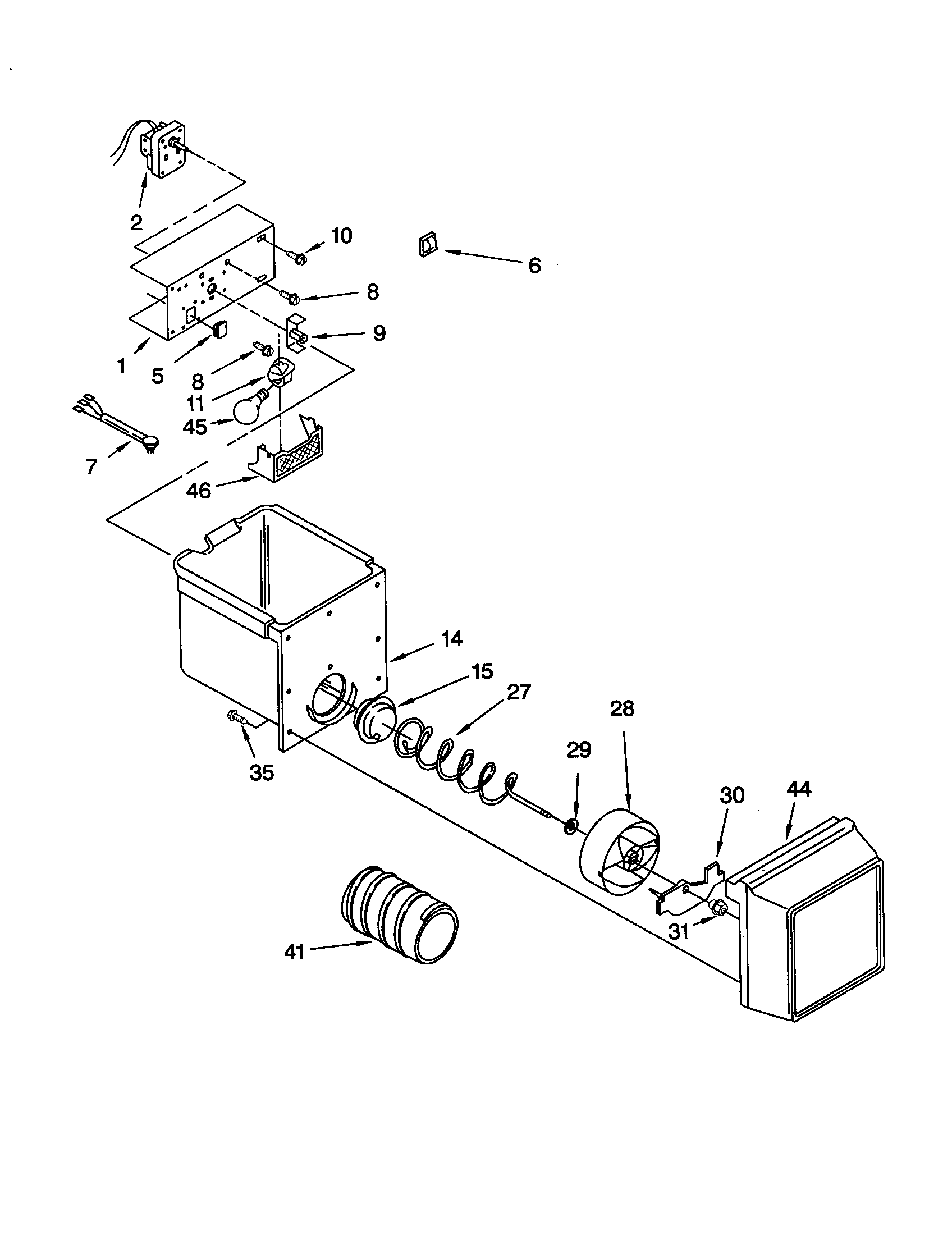 Whirlpool ED22GWXFW01 motor and ice container diagram