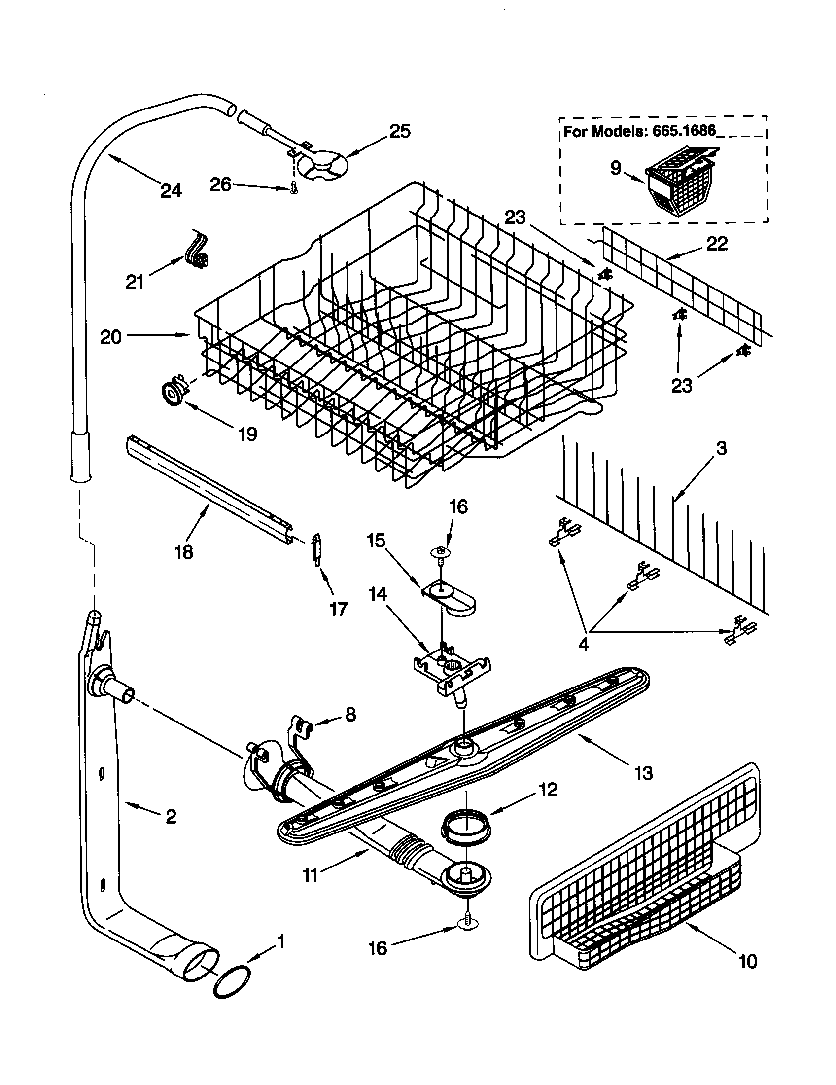 Kenmore 66516862992 upper dishrack and water feed diagram