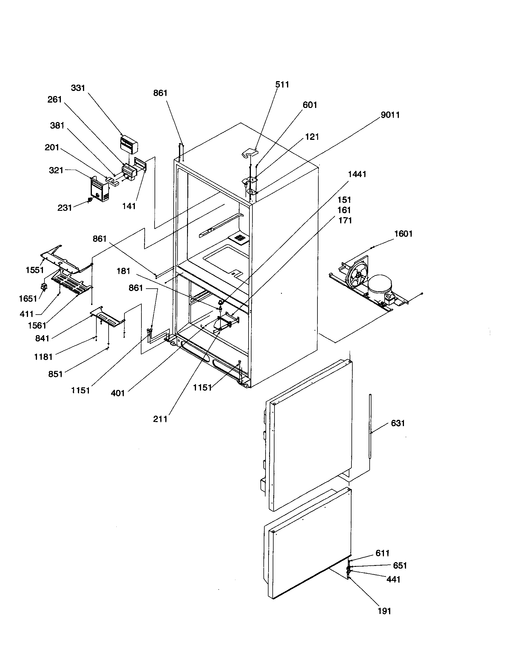 Amana BRF20VCPW-P1321306XW control, hinges and shields diagram