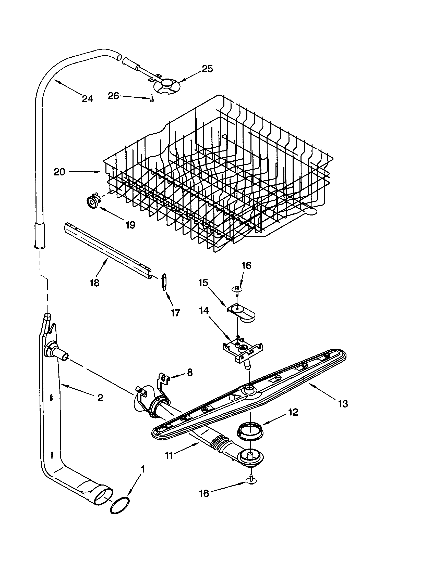 Whirlpool DU925SCGQ3 upper dishrack and water feed diagram