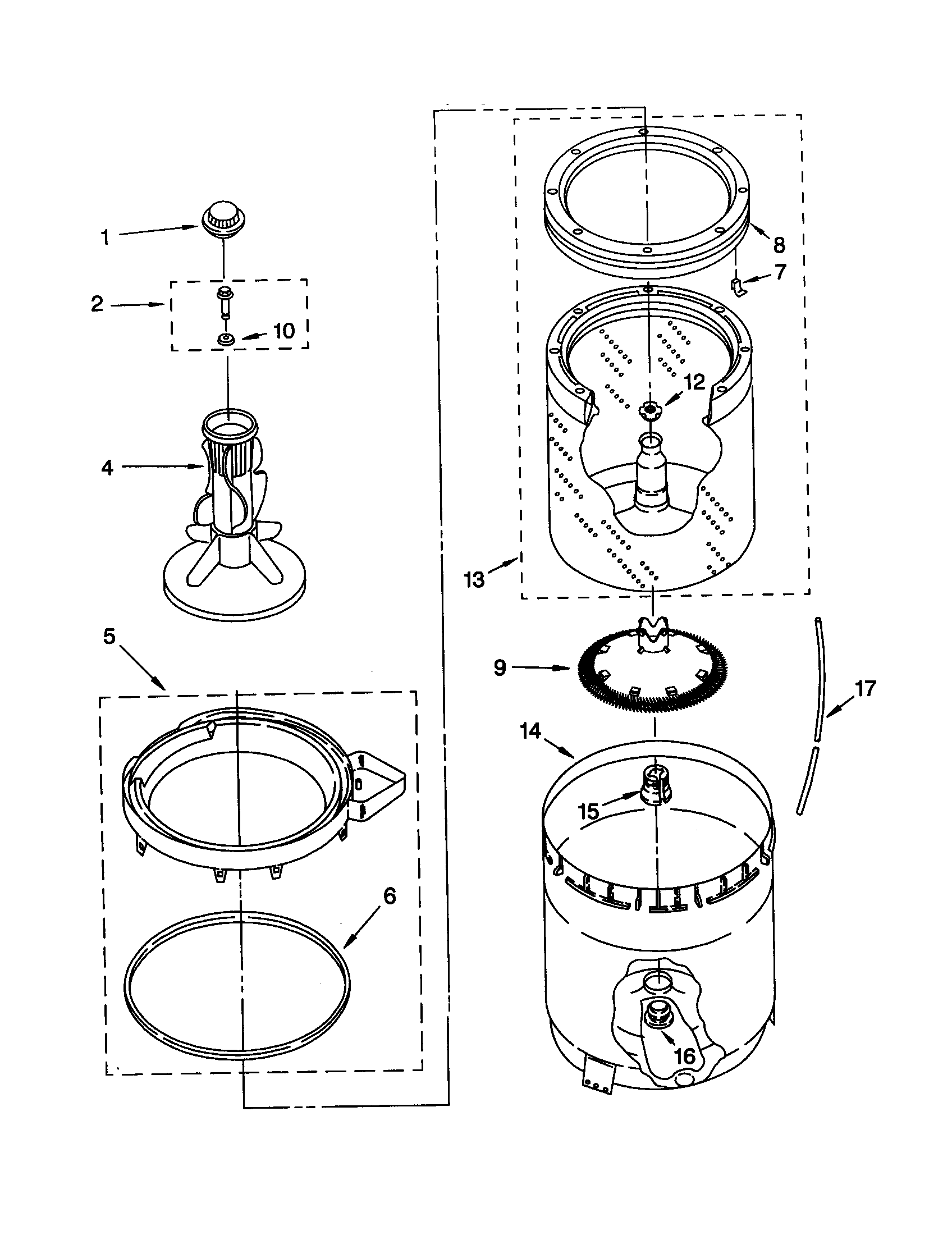 Whirlpool LBR4132JQ1 agitator, basket and tub diagram