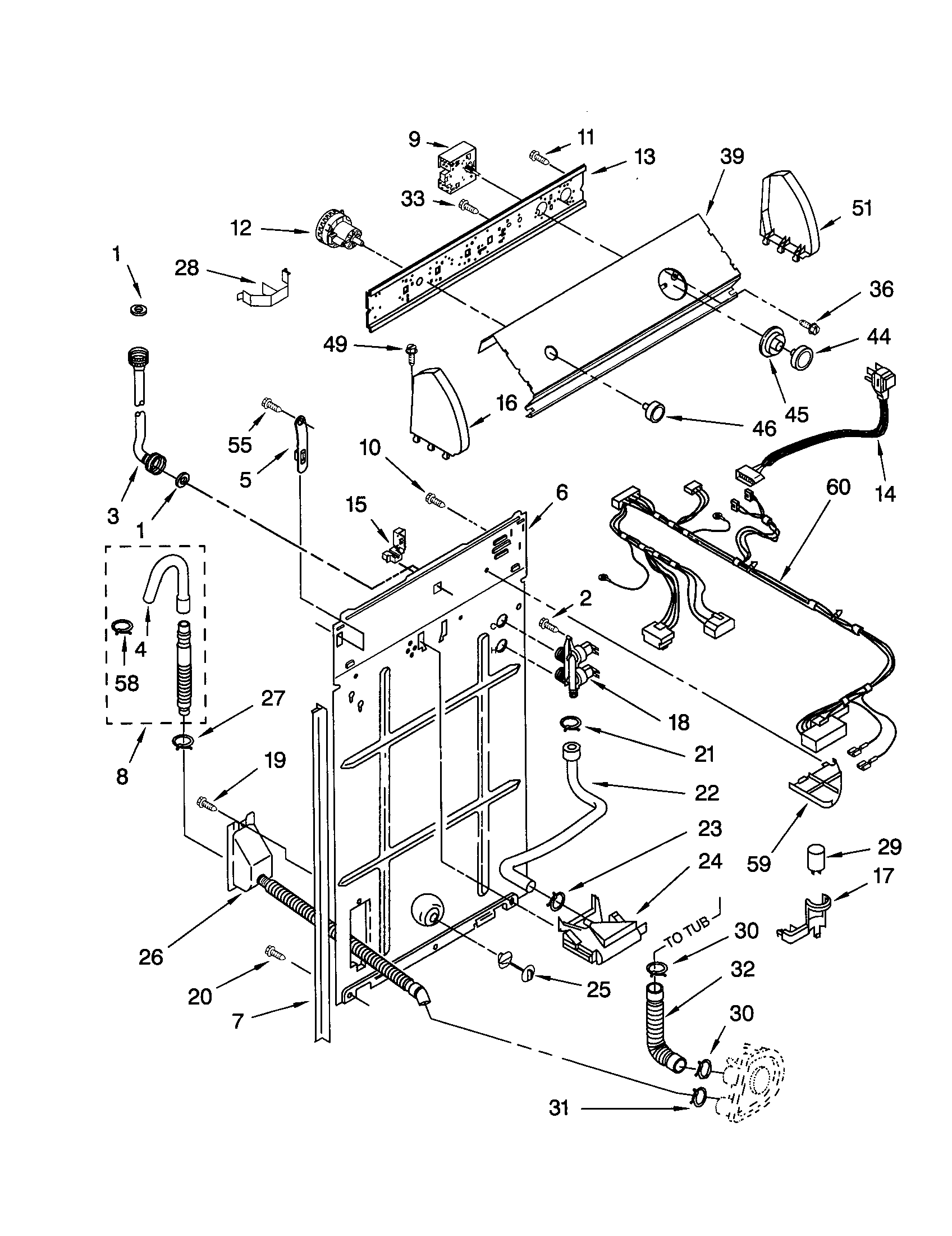 Whirlpool LSR5132JQ1 controls and rear panel diagram