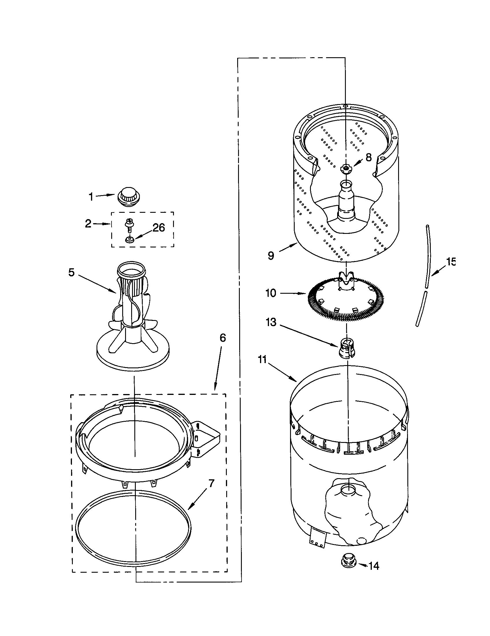 Whirlpool LSR5132JQ1 agitator, basket and tub diagram