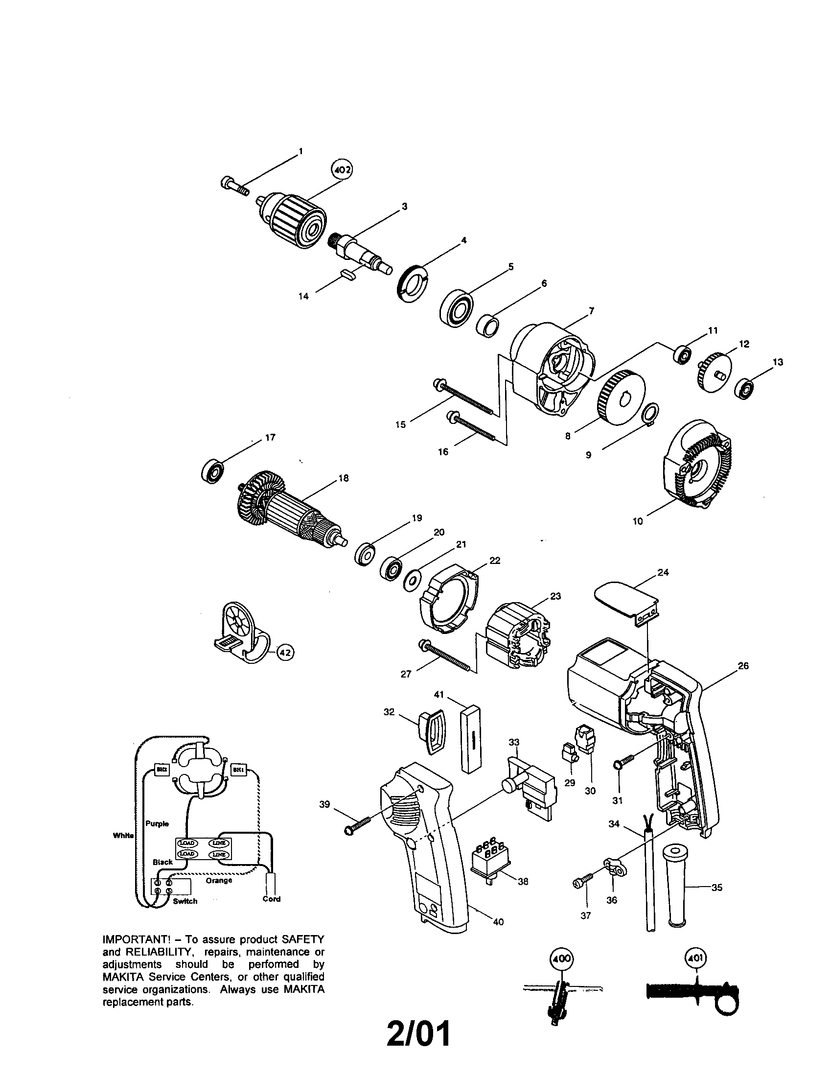 Makita 6302H 1/2" (13mm) drill diagram