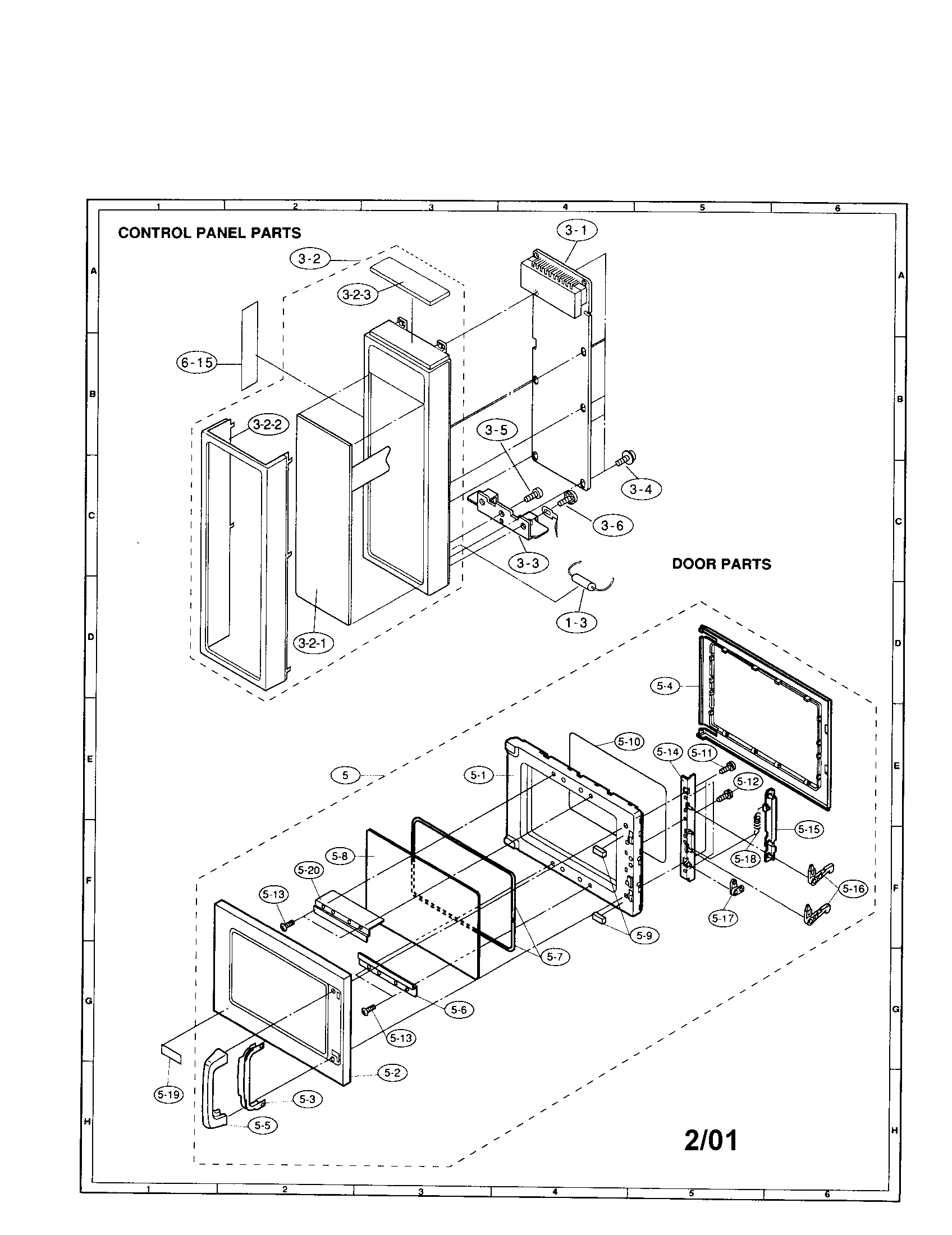 Sharp R-23GT control panel and door diagram