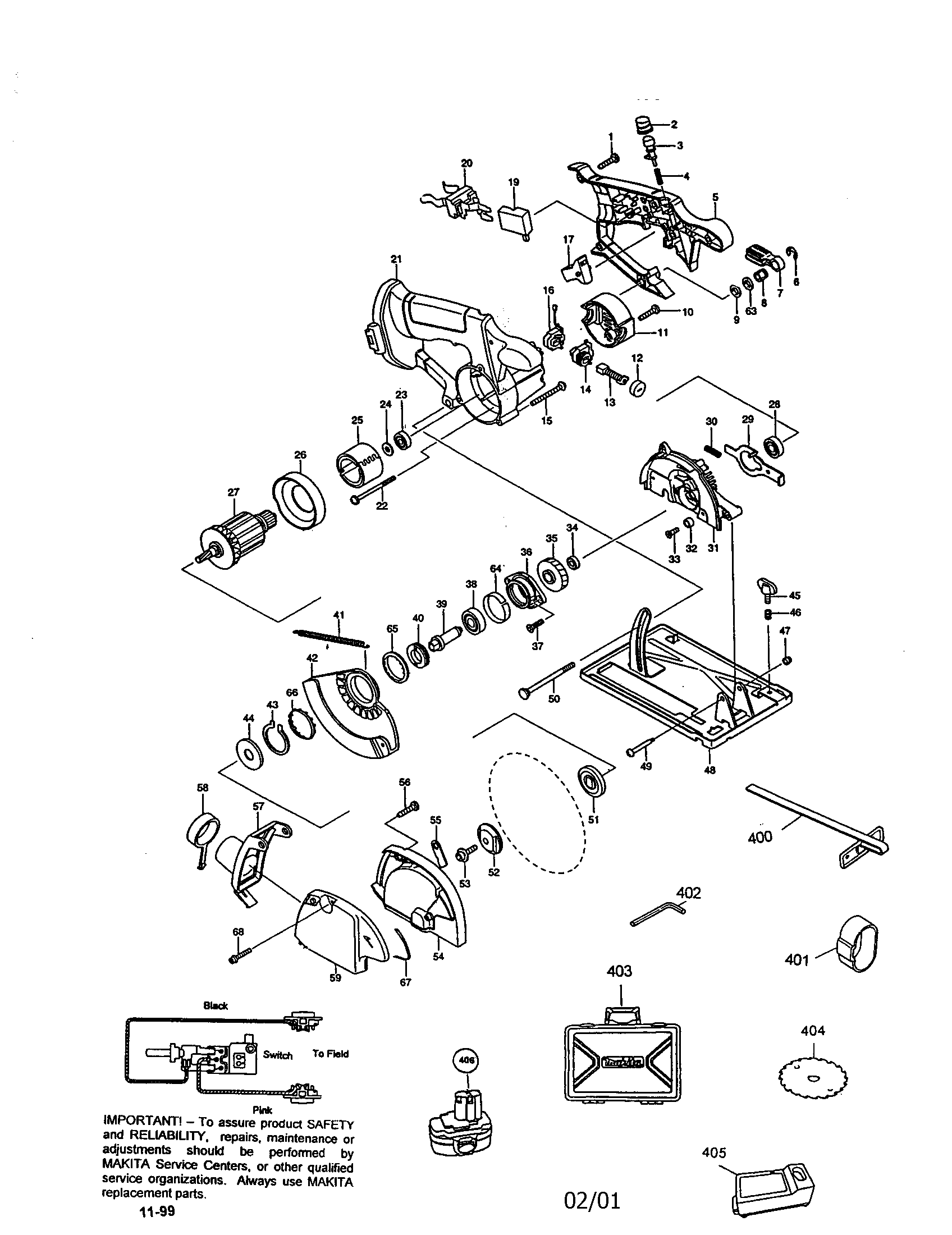 Makita 5036DWB 6" dustless circular saw diagram
