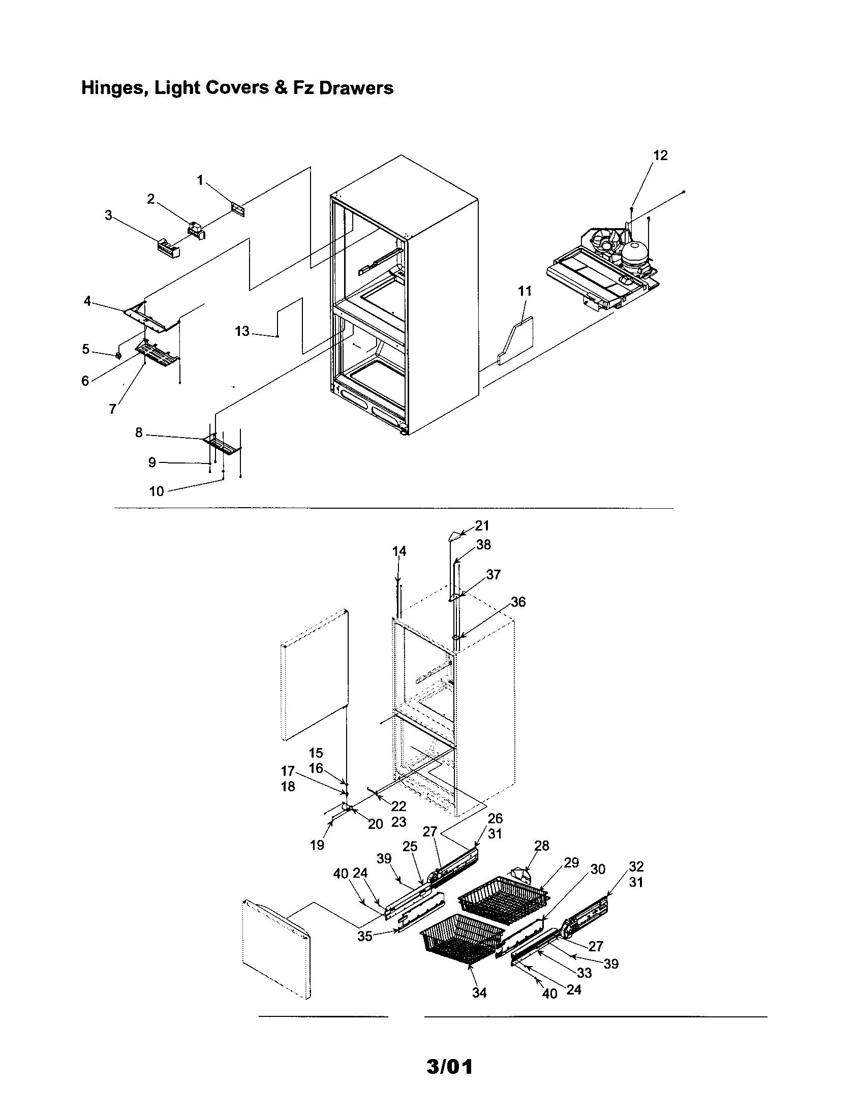 Kenmore 59661803100 hinges, light covers and fz drawers diagram