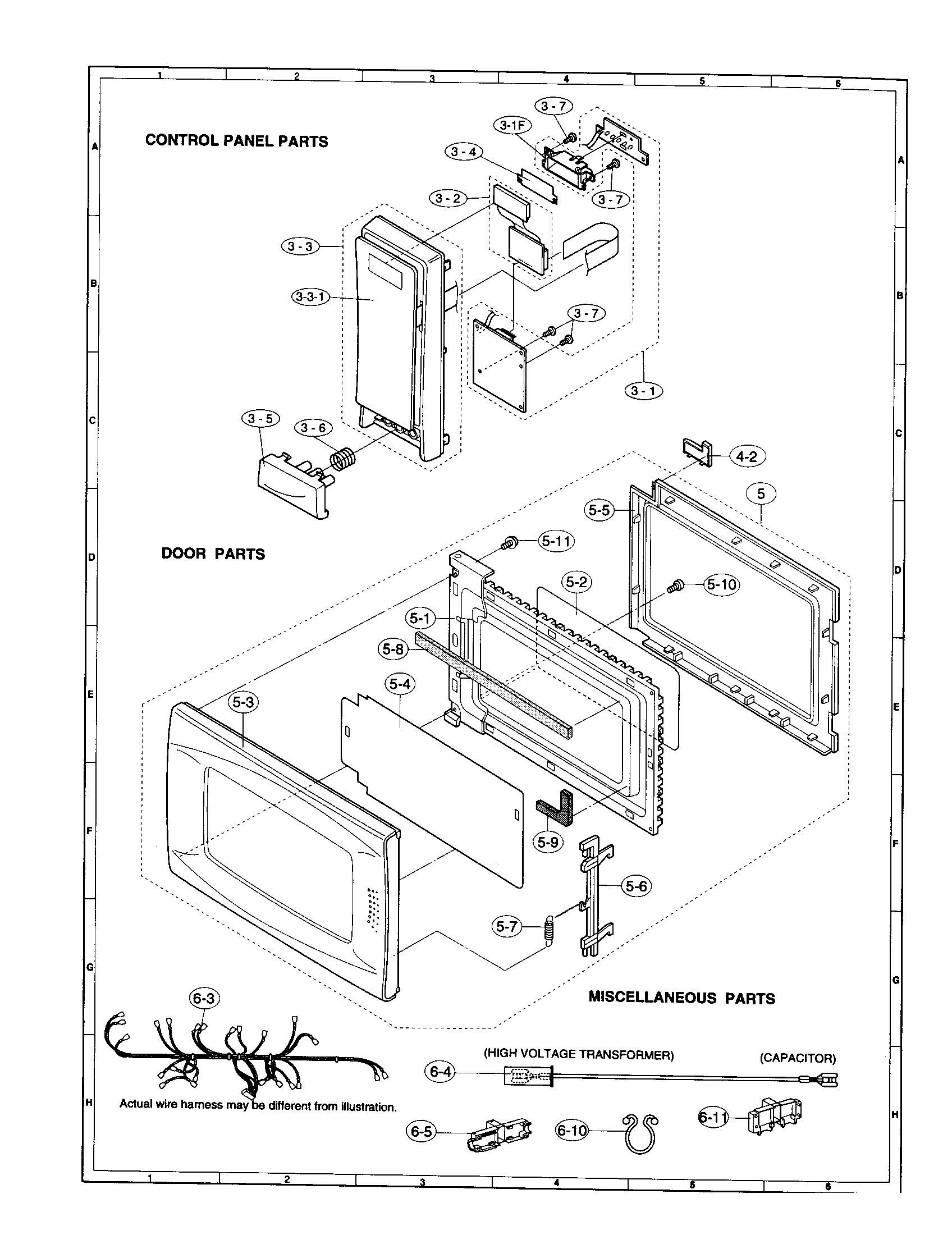 Sharp R-312AW control panel and door diagram
