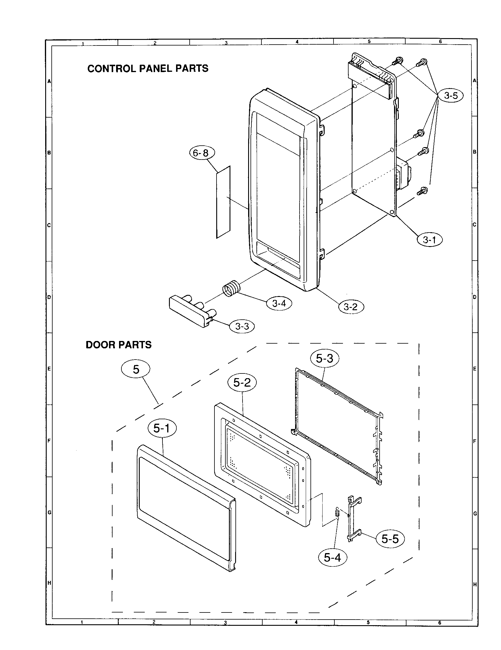 Sharp R-2A55 control panel and door diagram