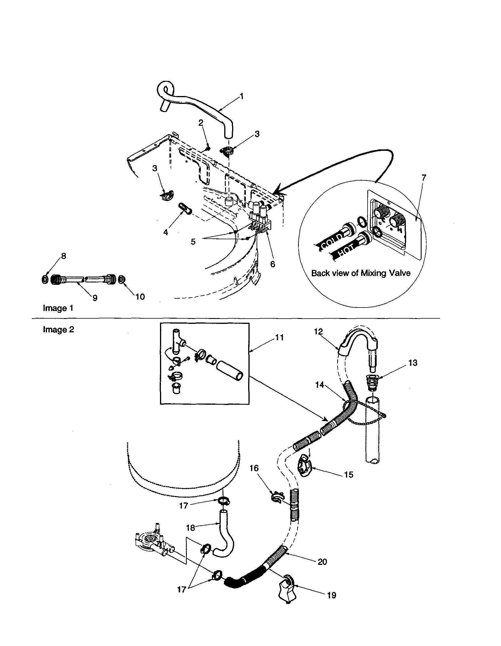 Amana DLW330RA-PDLW330RA mixing valve and hoses diagram