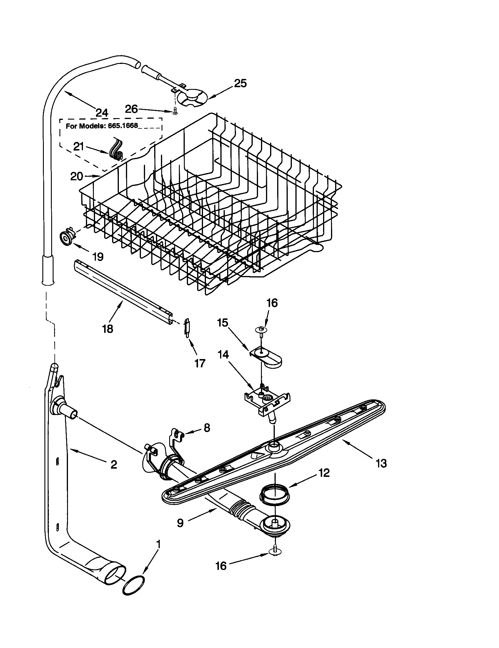 Kenmore 66515682000 upper dishrack and water feed diagram