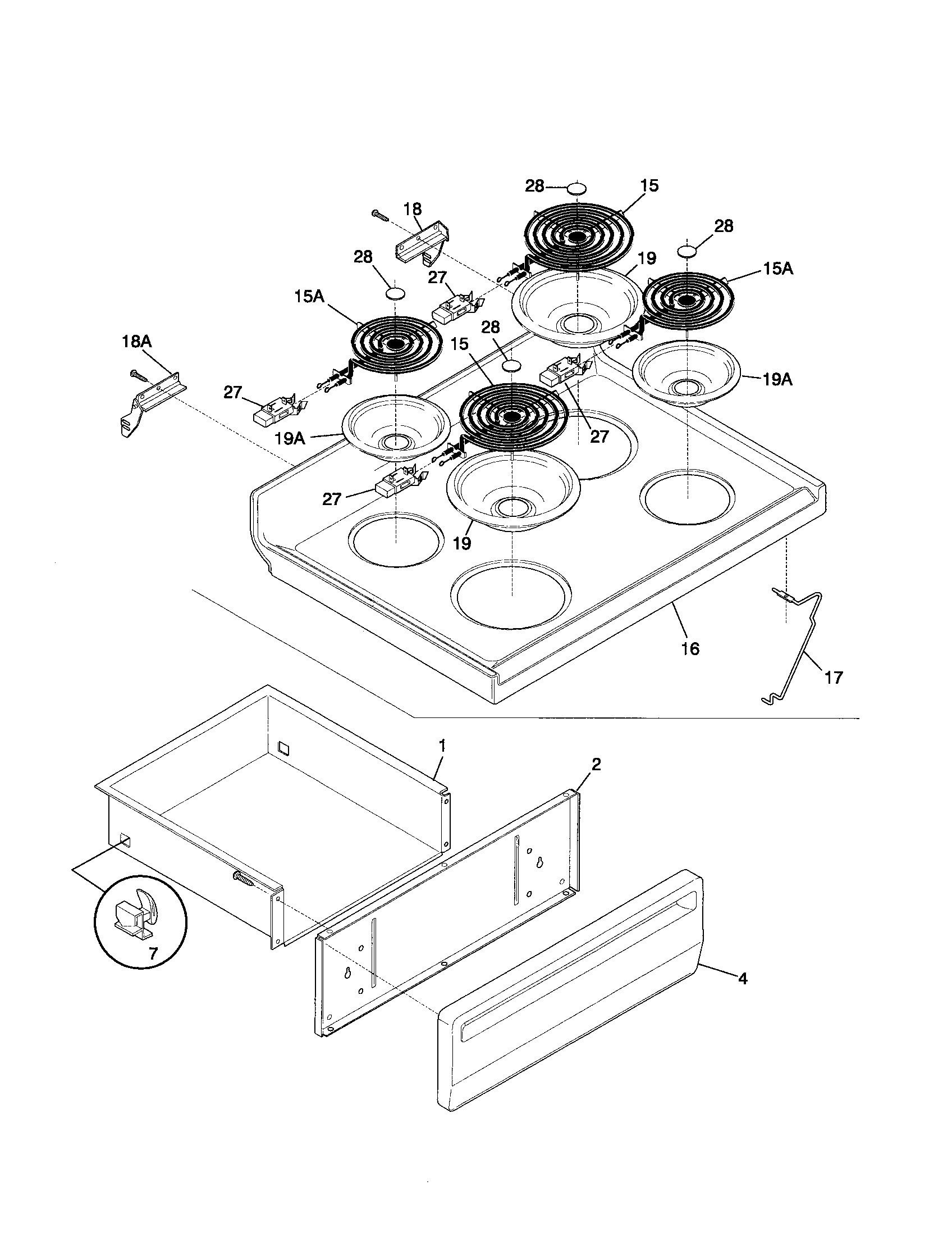 Frigidaire FEF354CJTA top/drawer diagram