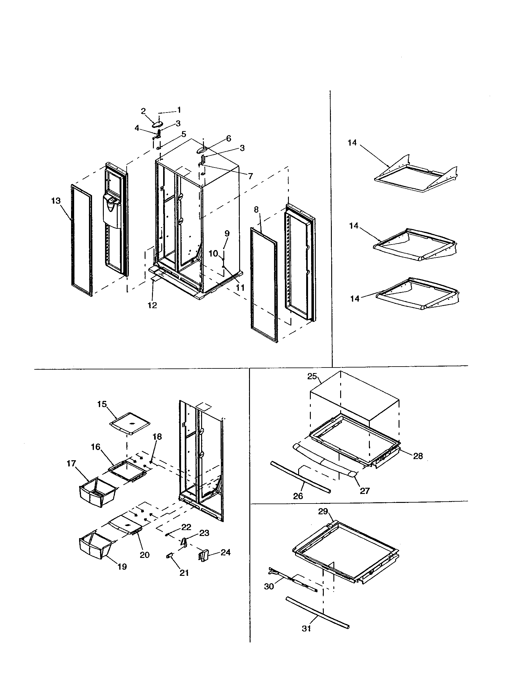 Kenmore 59651674100 hinges and refrigerator shelving diagram