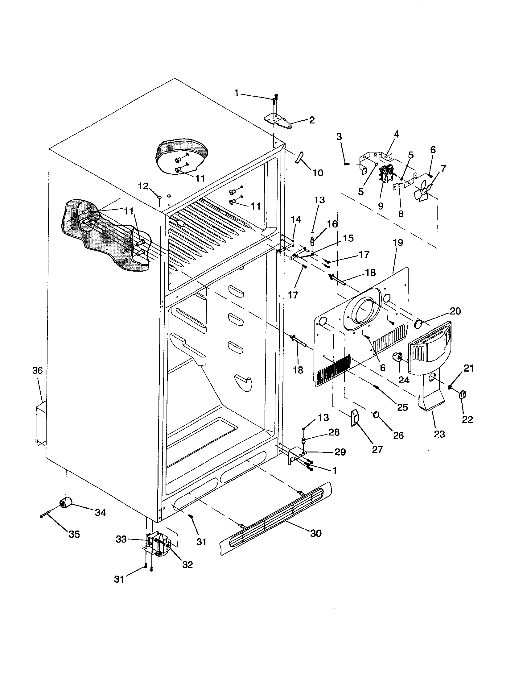Amana DRT1801BW-PDRT1801BW0 cabinet/hinges/evap fan/rollers diagram