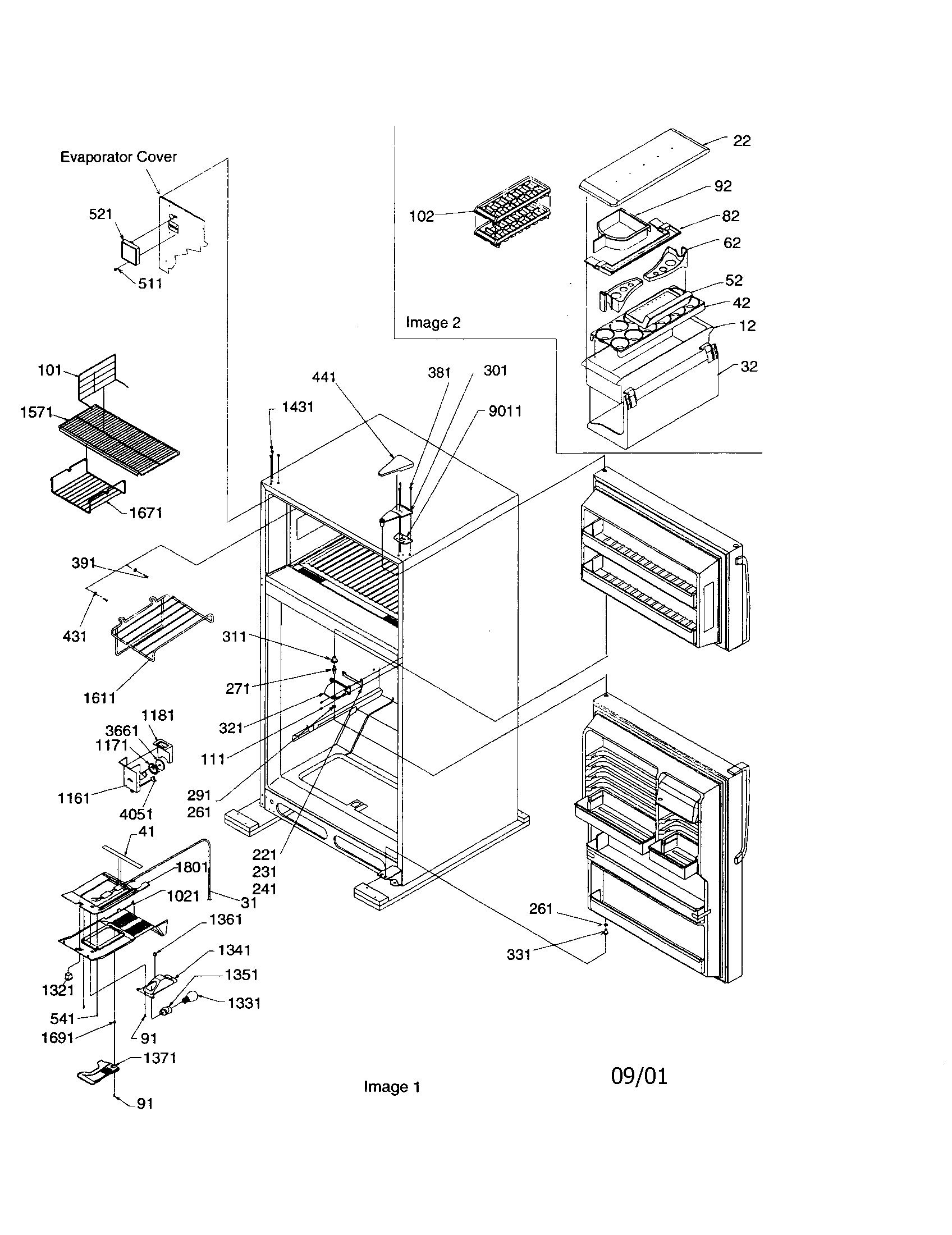 Amana ART2127AW-PART2127AW0 door hinges/fz duct/mk cont diagram