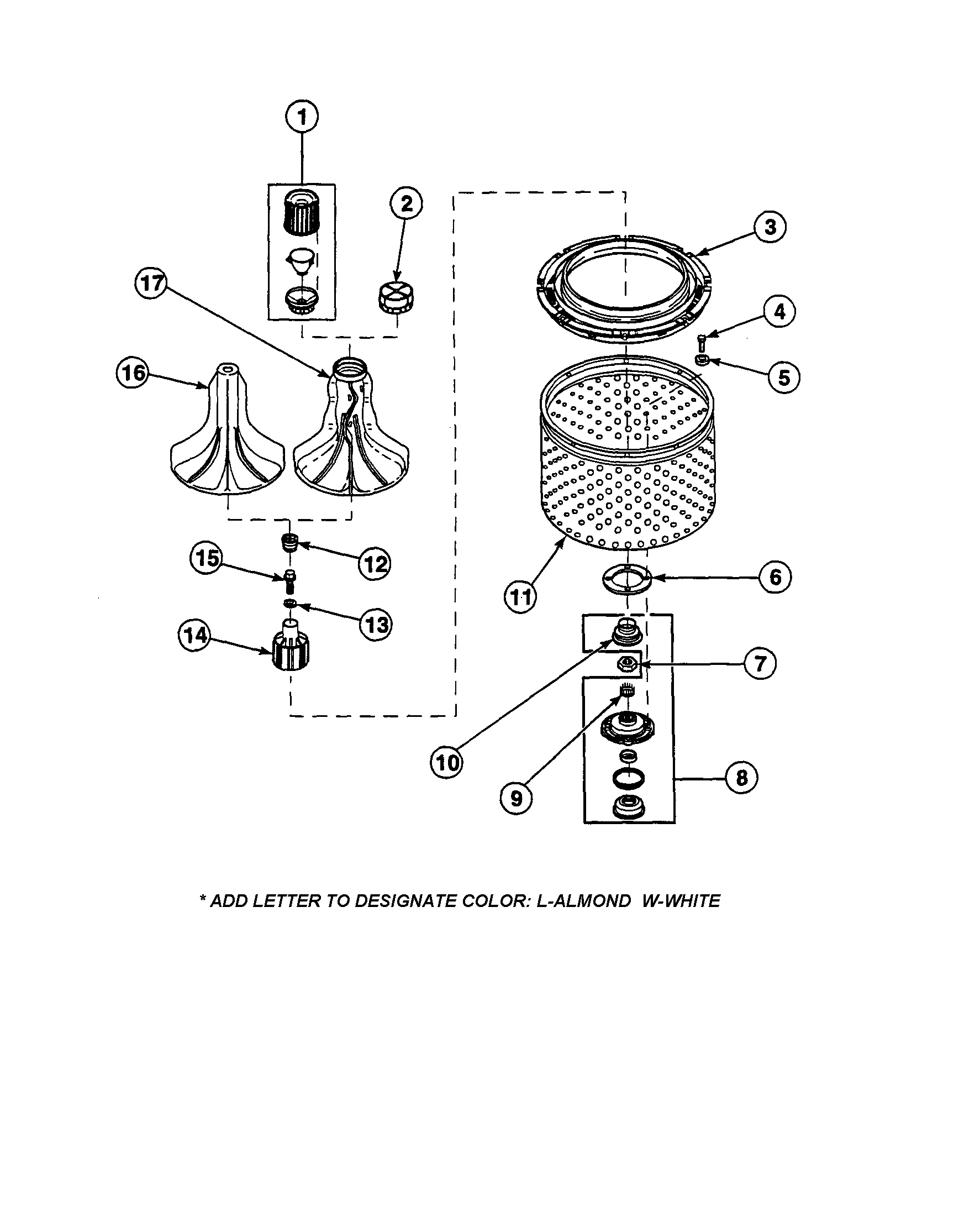 Amana LW6001W2-PLW6001W2B agitator/washtub diagram