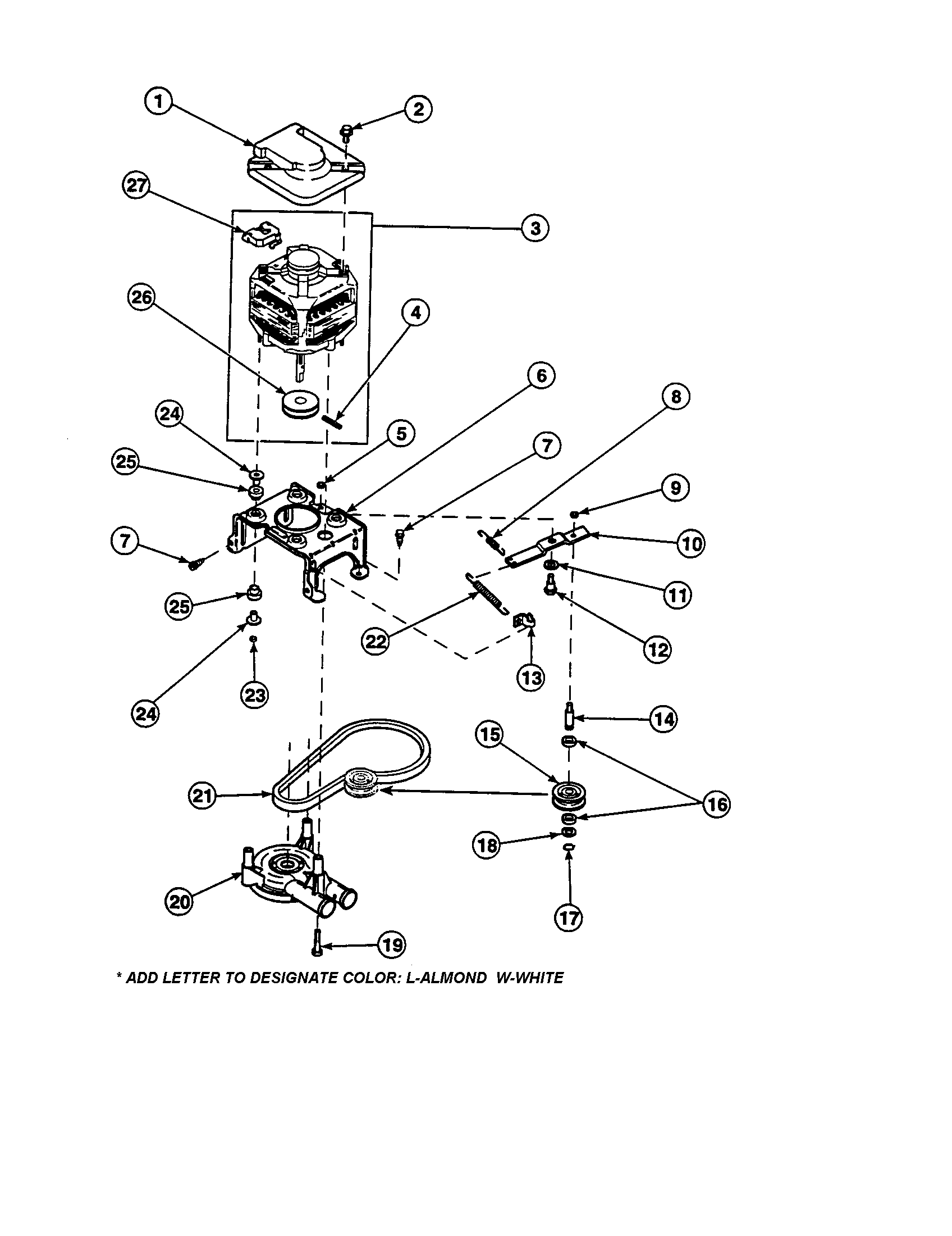 Amana LW8312L2-PLW8312L2A motor/belt/pump/idler diagram