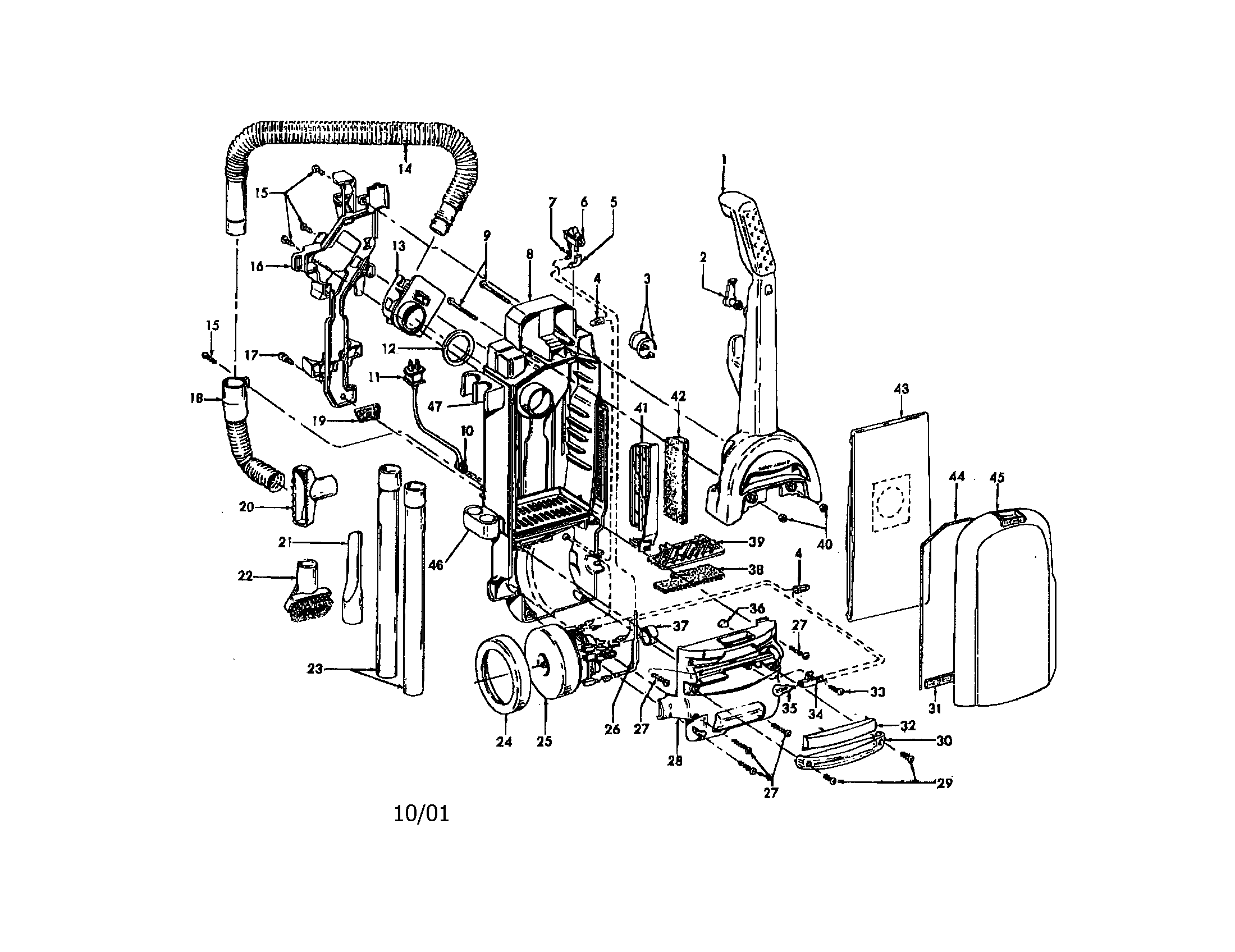 Hoover U5396-900 upper handle/hose/bag housing diagram