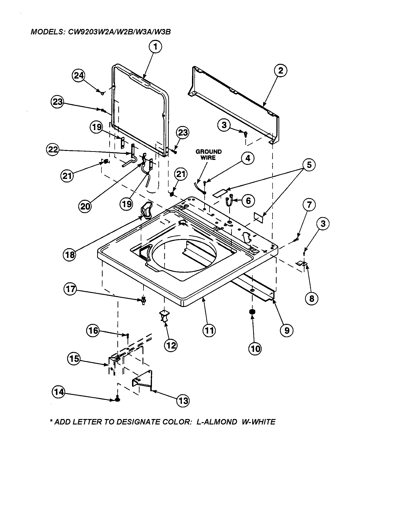 Amana CW9203W2-PCW9203W2A cabinet top/control hood rear panel diagram