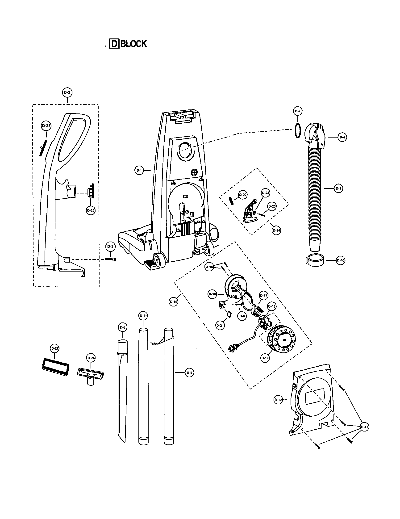 Panasonic MC-V7341 handle/rear dust compartment/cord reel diagram