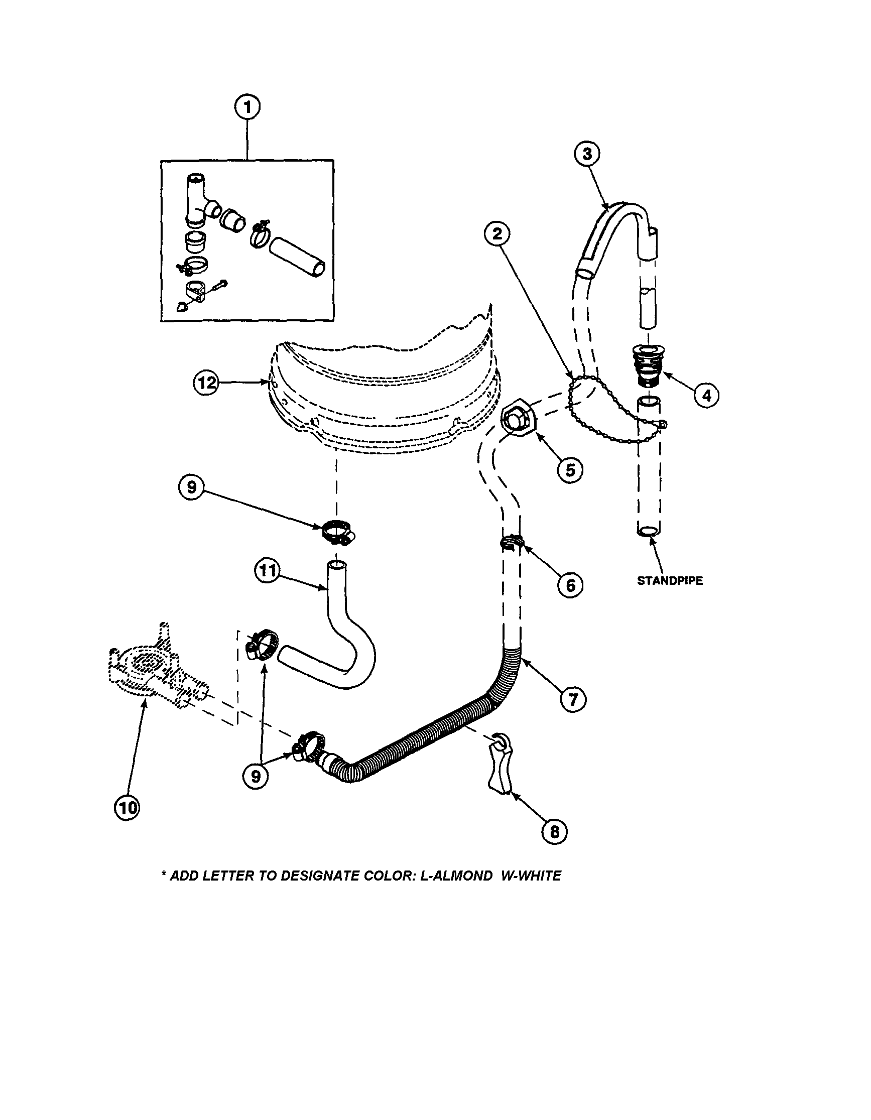 Amana LW6111WB-PLW6111WBA drain hose and siphon break diagram