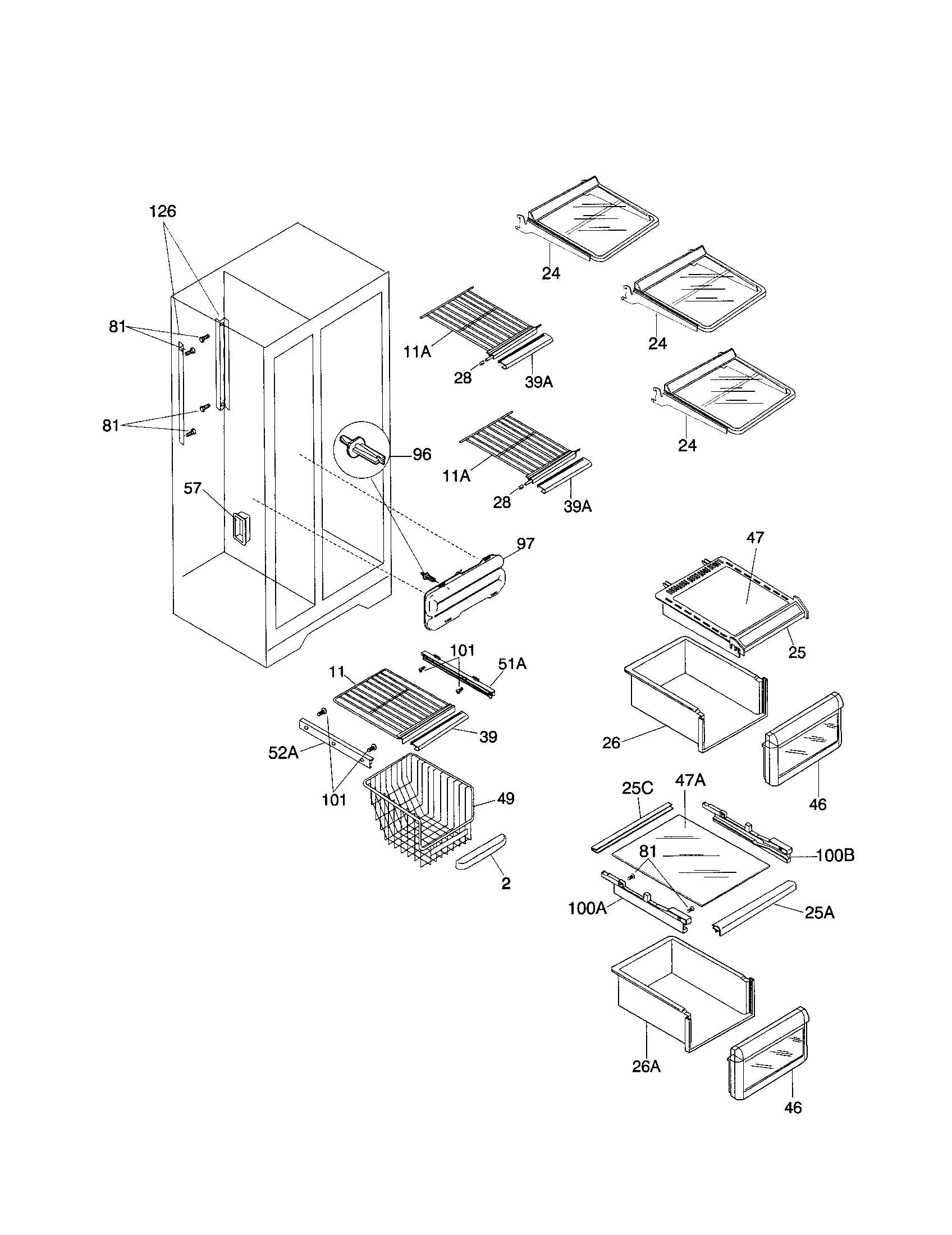Frigidaire FRS24ZRHW3 shelves diagram