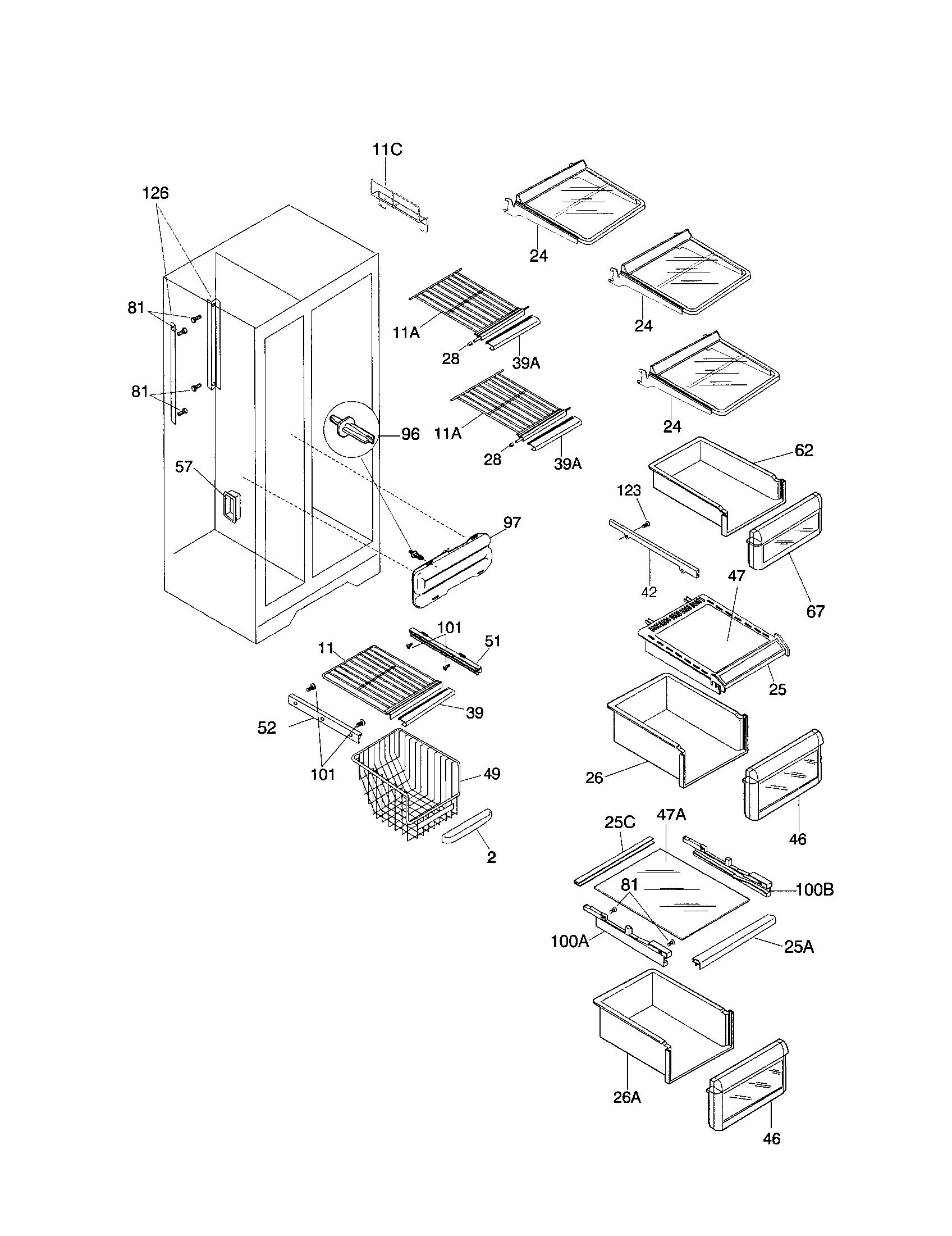 Frigidaire FRS26ZNHB1 shelves diagram