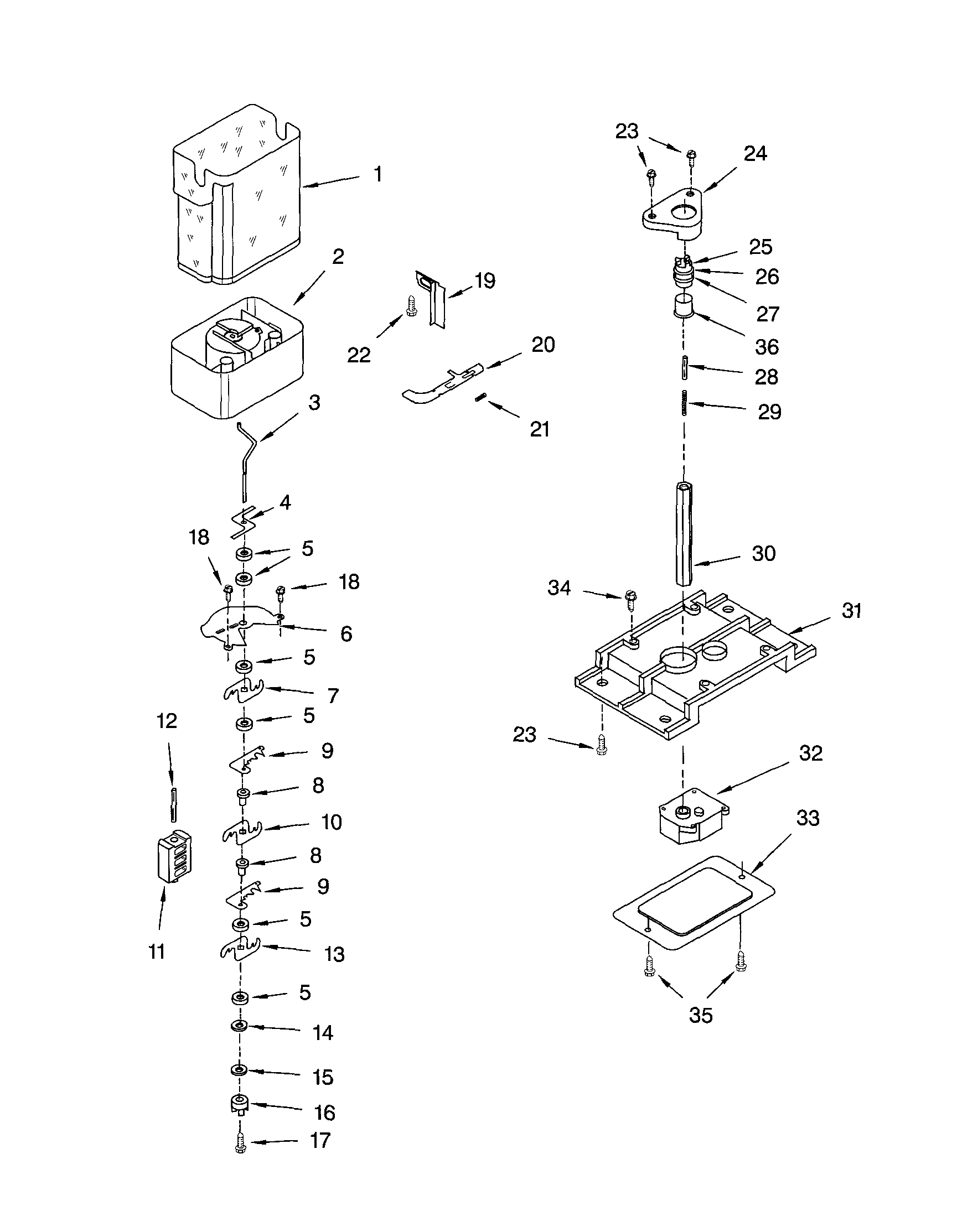 Kenmore 10651552102 motor and ice container diagram
